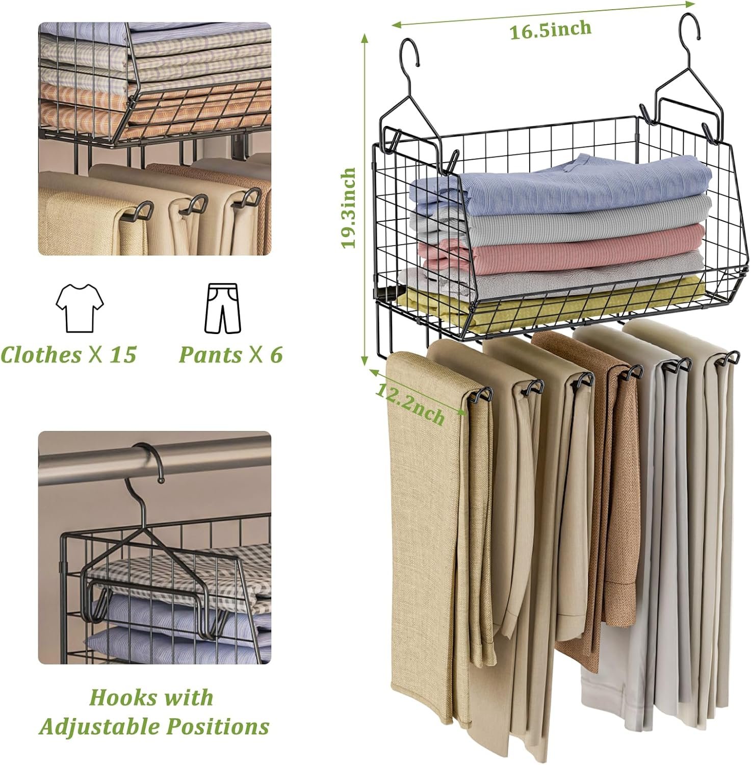 X-cosrack 2-Packs Hanging Closet Organizers and Storage with Pants Hanger, Collapsible Hanging Closet Shelves, Adjustable Hanging Organizer for Closet & RV, Black Large - Image 4