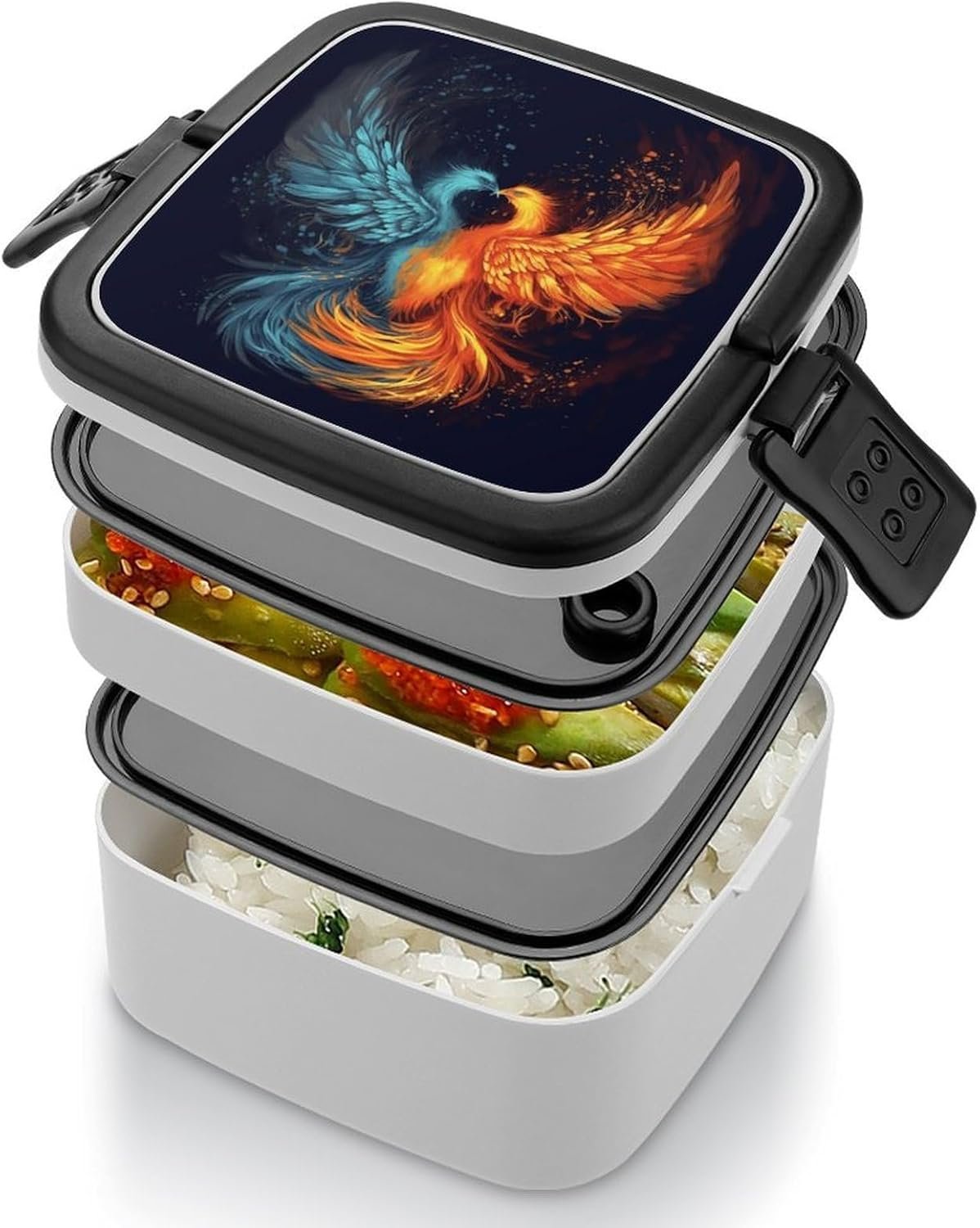 Fire And Water Phoenix Bento Box with Spoon, 2-layer Stackable Lunch Box Leak Proof with Invisible Handle, Insulated Food Storage for Office, Picnic & Travel - Image 5