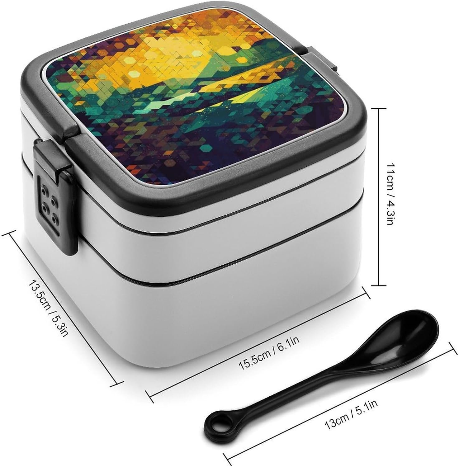 Shiny Hexagon Bento Box with Spoon, 2-layer Stackable Lunch Box Leak Proof with Invisible Handle, Insulated Food Storage for Office, Picnic & Travel - Image 3