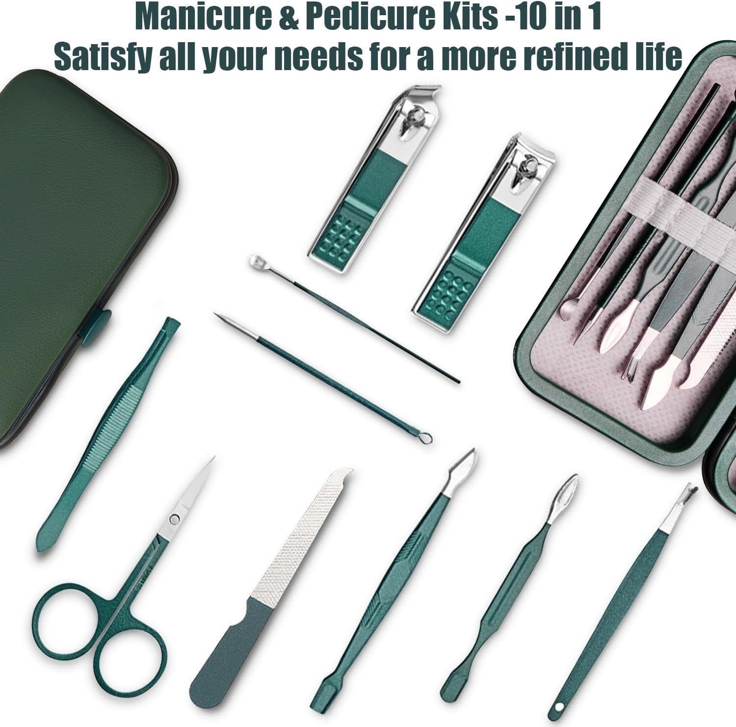Manicure Set 10 in 1 Mens Gifts Nail Clipper Kit for Men and Women, Mens Travel Nail Grooming Kit Birthday Thanksgiving Day Gifts for Him Her Boys Girls Husband Boyfriend (Dark Green) - Image 4