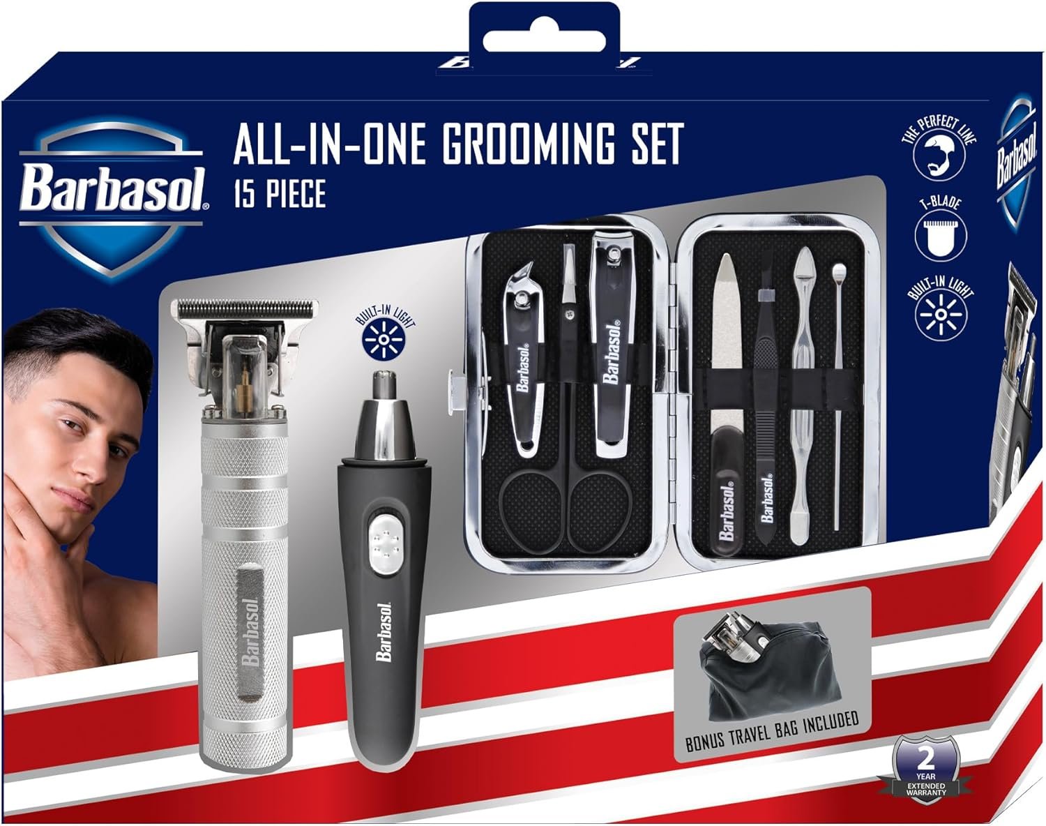 Barbasol Grooming Kit for Men, 15 Piece Men’s Grooming and Manicure Travel Set, Includes a T-Blade Trimmer, Nose & Ear Trimmer, 2 Nail Clippers, Cuticle Scissors, File, & More, Perfect for Travel - Image 2