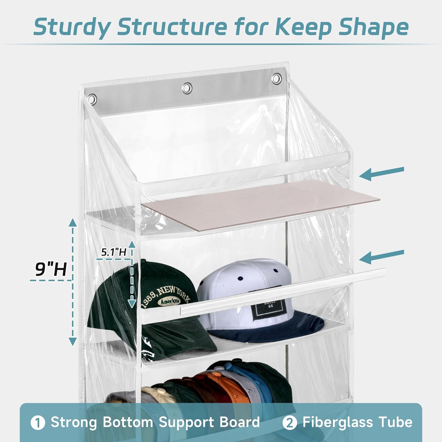 AOODA Clear Over the Door Hat Racks for Baseball Caps, Large Holds up to 72 Caps Hat Storage Organizer for Closet Wall, Deep Pockets Hanging Snapback Holder Shelves with 3 Hooks, White - Image 4