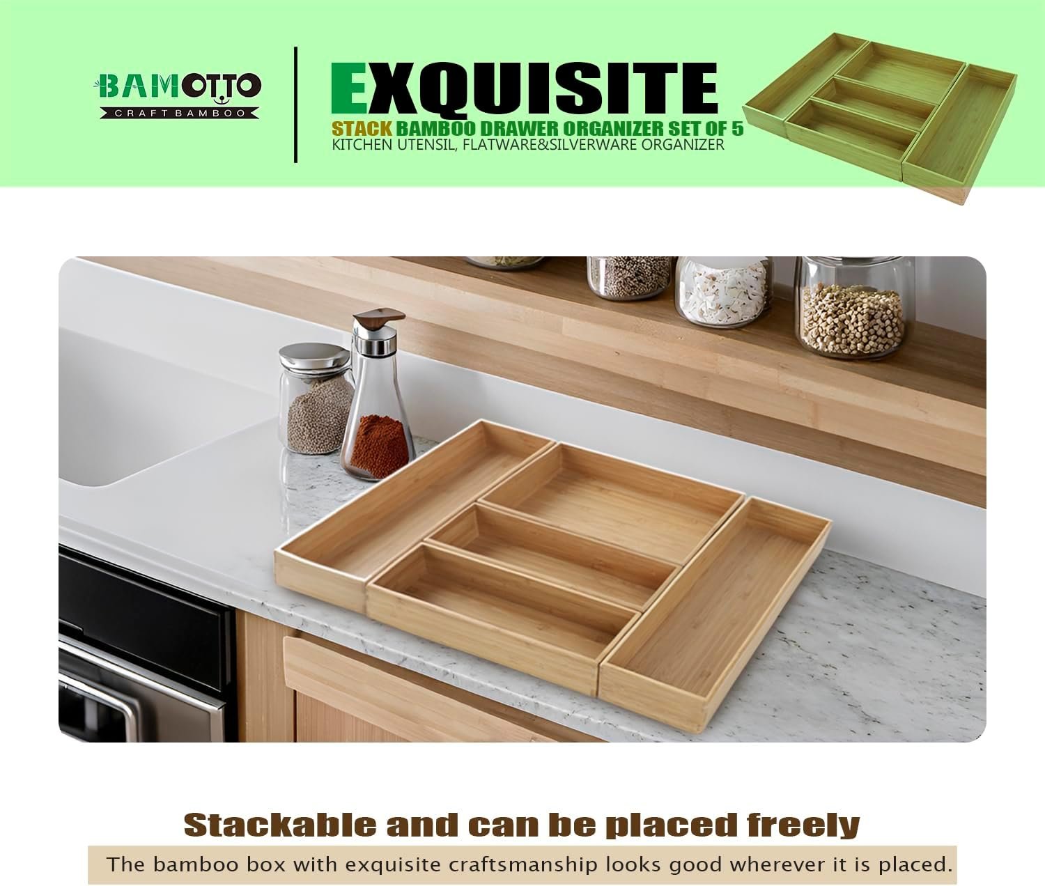 Stack Bamboo Drawer Organizer Set of 5, Kitchen Utensil, Flatware&Silverware Organizer-Wood Laminated Stackable for Kitchen, Bedroom, 13.4''x4.5''*2+10.2''x3.3''*2+10.2''x6.7''*1 - Image 7