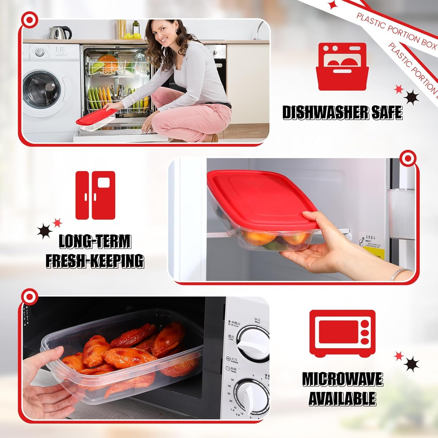 18 Pcs 33 Oz/ 4 Cups Plastic Food Storage Containers with Lids Portion Box Sets with Cover Stackable Plastic Containers with Lids Microwave Freezer Dishwasher Safe (Red) - Image 4