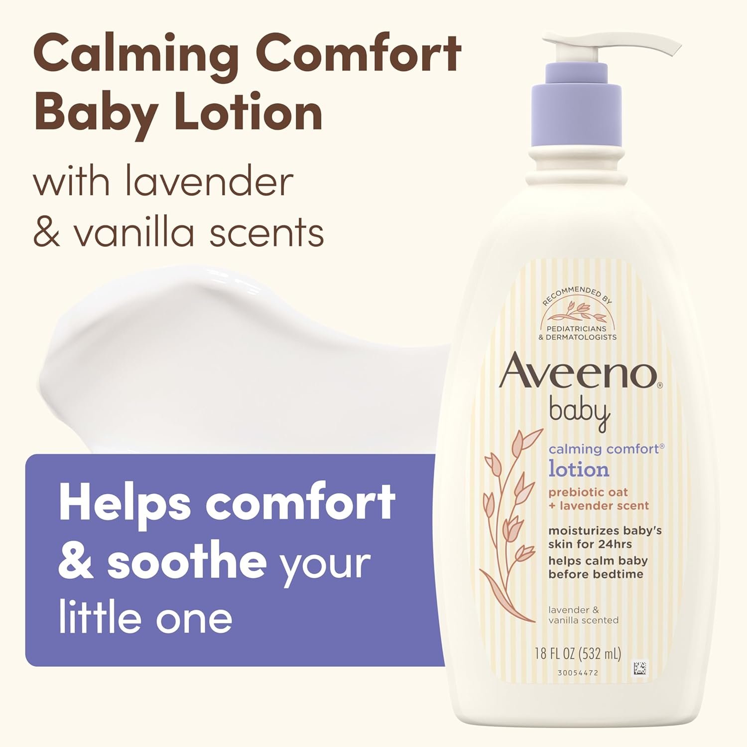 Aveeno Baby Calming Comfort Moisturizing Body Lotion with Relaxing Lavender & Vanilla Scents, Non-Greasy Baby Lotion, Nourishing Prebiotic Oatmeal, Paraben- & Phthalate-Free, 18 fl. oz - Image 3
