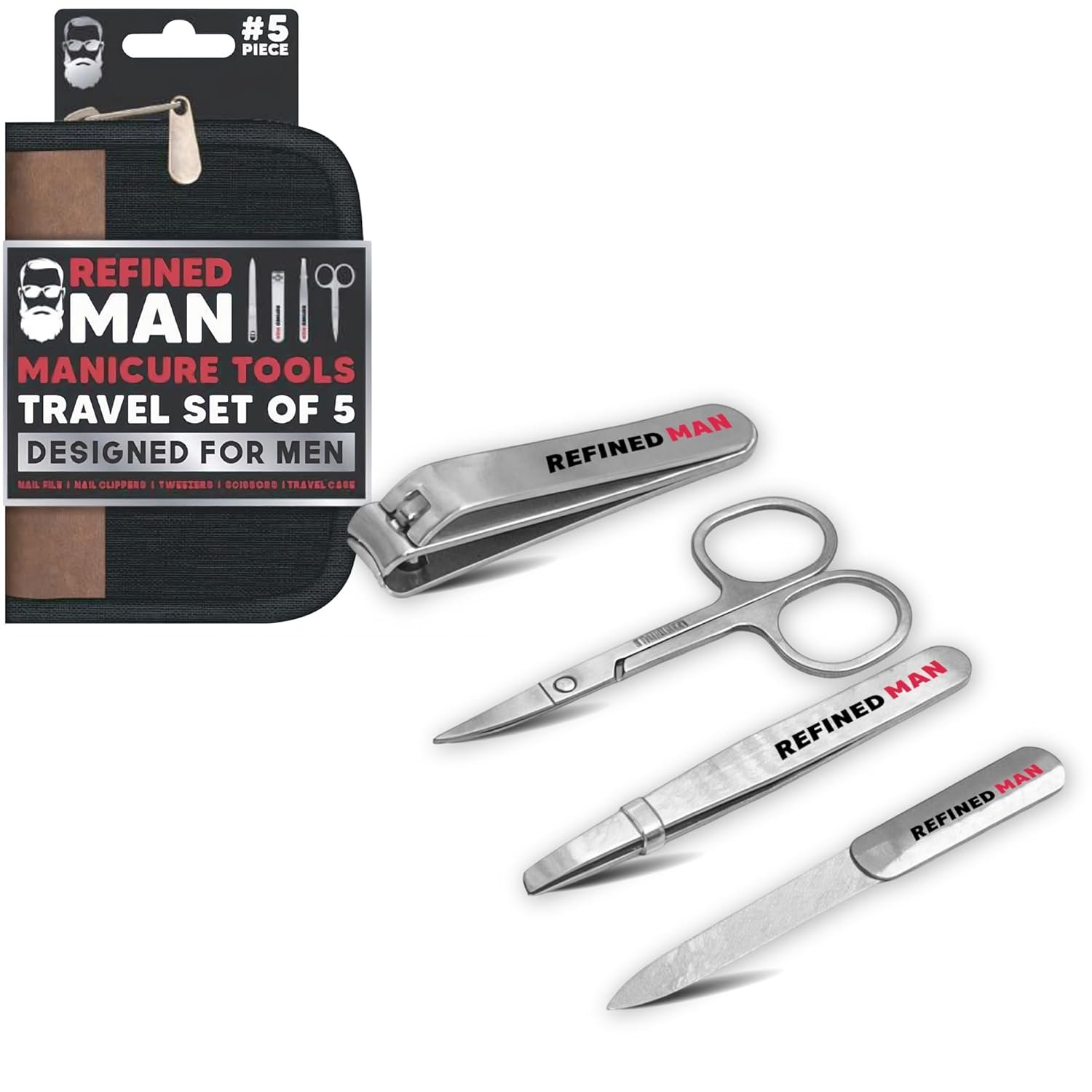 BLKSMITH Refined Man Manicure and Pedicure Kit Set of 5 - Manicure Kit for Men - Nail Clipper Kit with Nail File, Clippers, Scissors, Tweezer & Travel Case - Designed for Men (Black) - Image 2