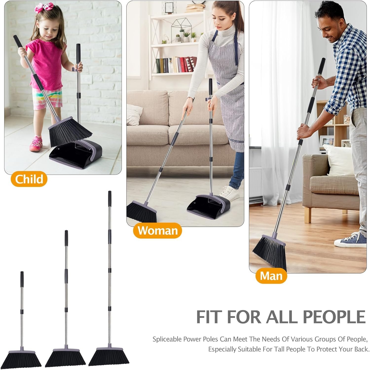 Broom and Dustpan Set, Dustpans with Broom Combo for Home, Heavy Dust Broom and Dustpan Combo, Long Handle Dust Pan and Broom Set for Kitchen, Office, Pet Hair, Charcoal Color, Pack of 1 - Image 9