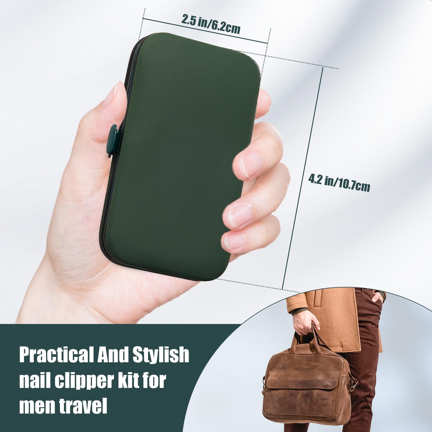 Manicure Set 10 in 1 Stainless Steel Nail Clippers Kit Gifts for Men and Women, Mens Travel Grooming Kits with Leather Travel Case Dark Green - Image 4