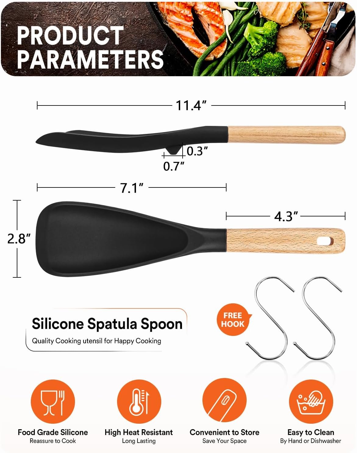 Cooking Spoon for Nonstick Cookwares, Great for Cooking and Serving Sturdy BPA-Free Matte Silicone, Wood Handle Spoon for Mixing, Scoop, and Scrape (Black & Grey, 11.4 inch) - Image 3