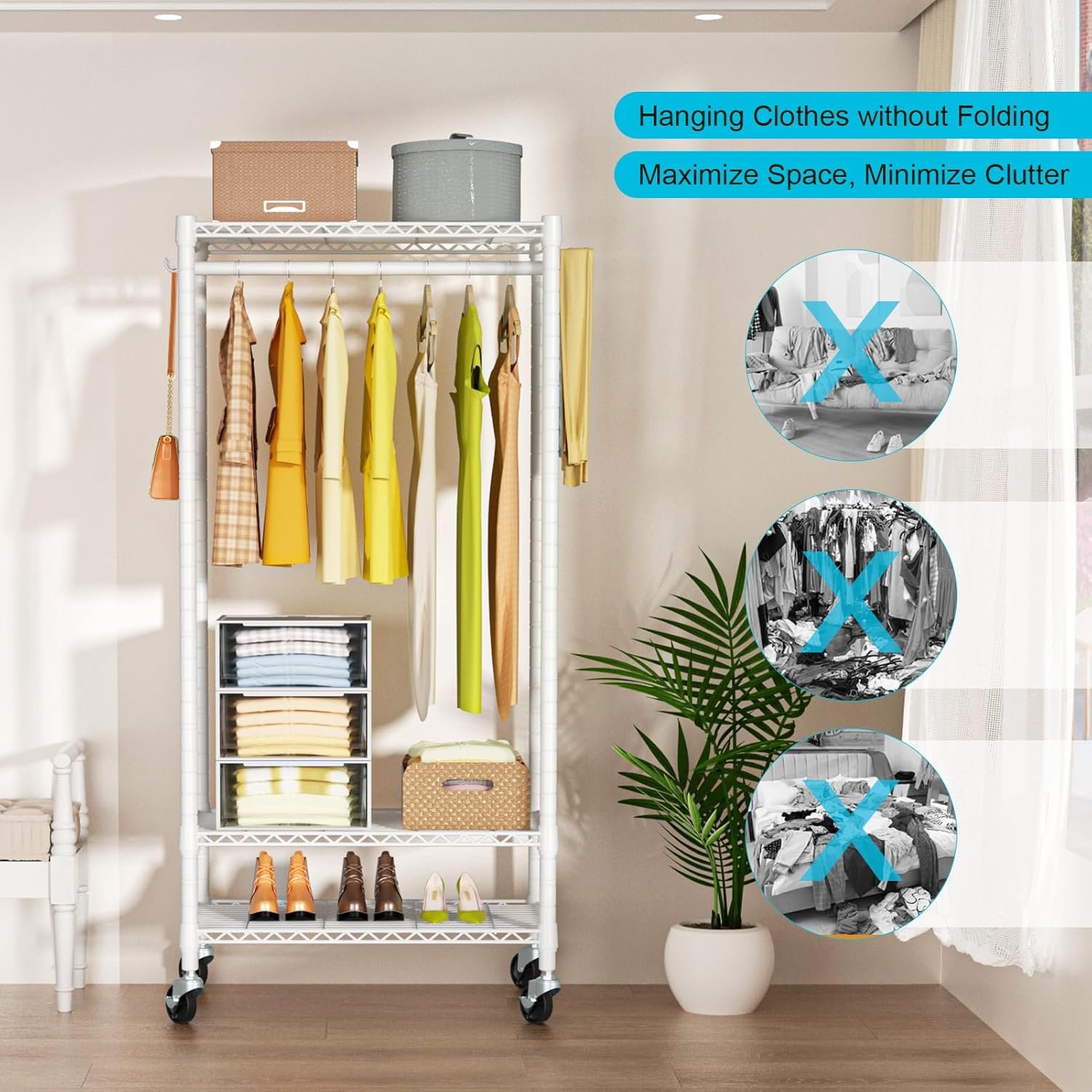 P3 Mini Rolling Clothes Rack, Clothing Racks for Hanging Clothes, Heavy Duty Garment Rack, Freestanding Portable Closet Rack 23.6'' W x 14'' D x 78.5'' H, Max Load 430 Lbs, White - Image 9