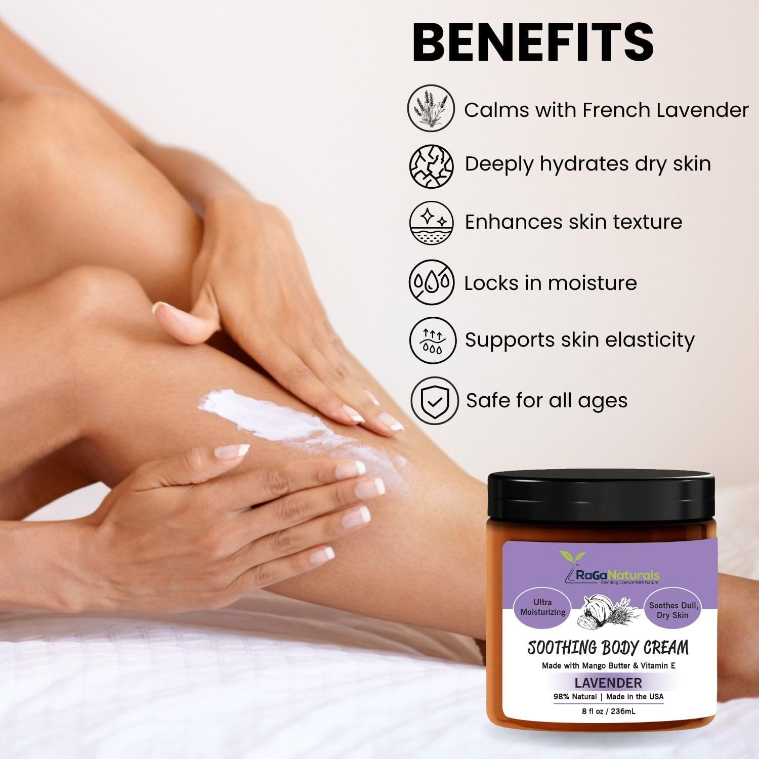 RaGaNaturals Natural Face and Body Butter Cream for Dry Skin - Calming, Nourishing & Hydrating Lavender Body Cream for Women, Men & Kids - Softens Skin and Delivers Healthy-Looking Glow - Vegan - 8 Oz - Image 4