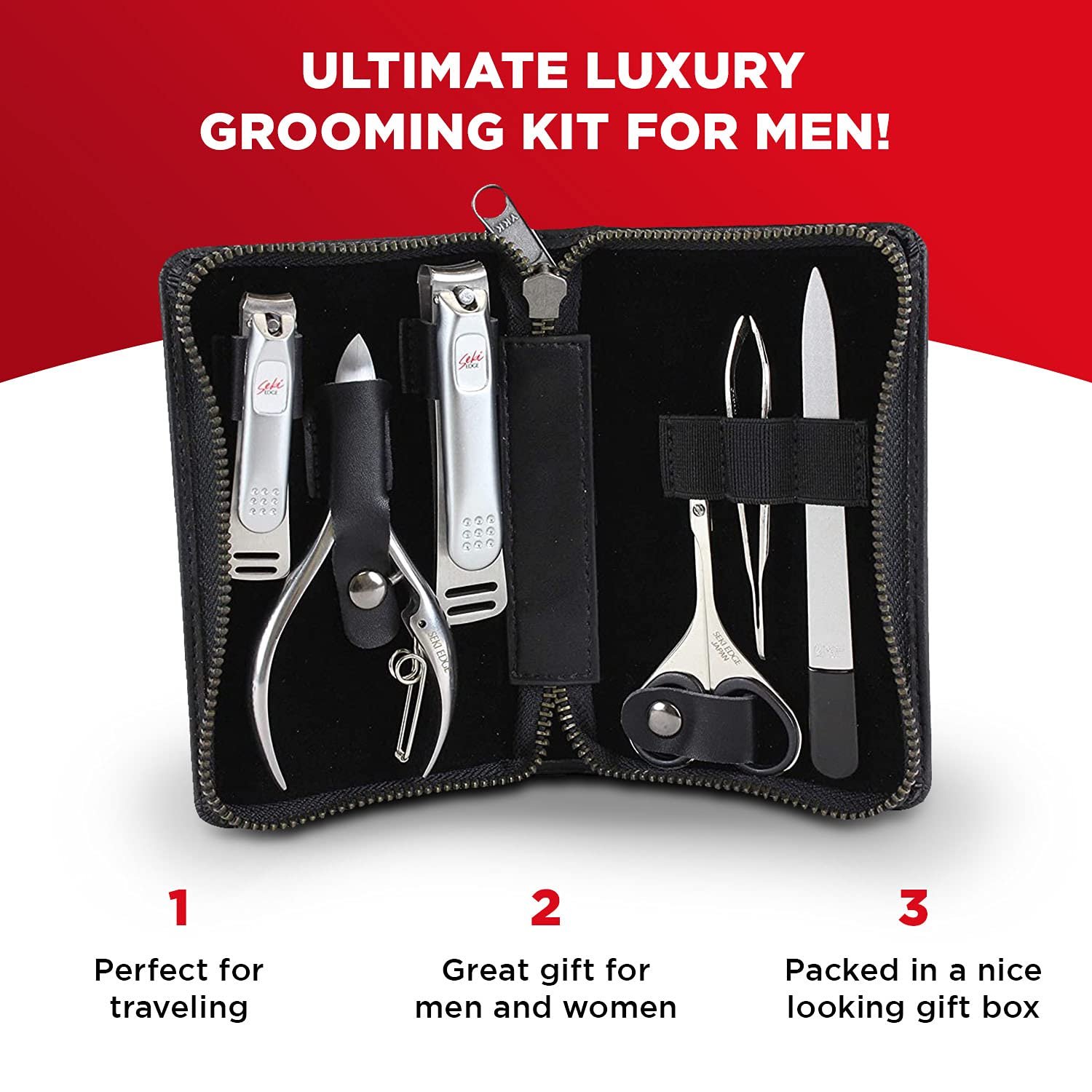 Seki Edge Craftsman Luxury Men's Grooming Set (SS-3103) - 6 Piece Premium Manicure & Pedicure Kit with Clippers, Nipper, Scissors, File, Tweezers in Travel Case - Image 3