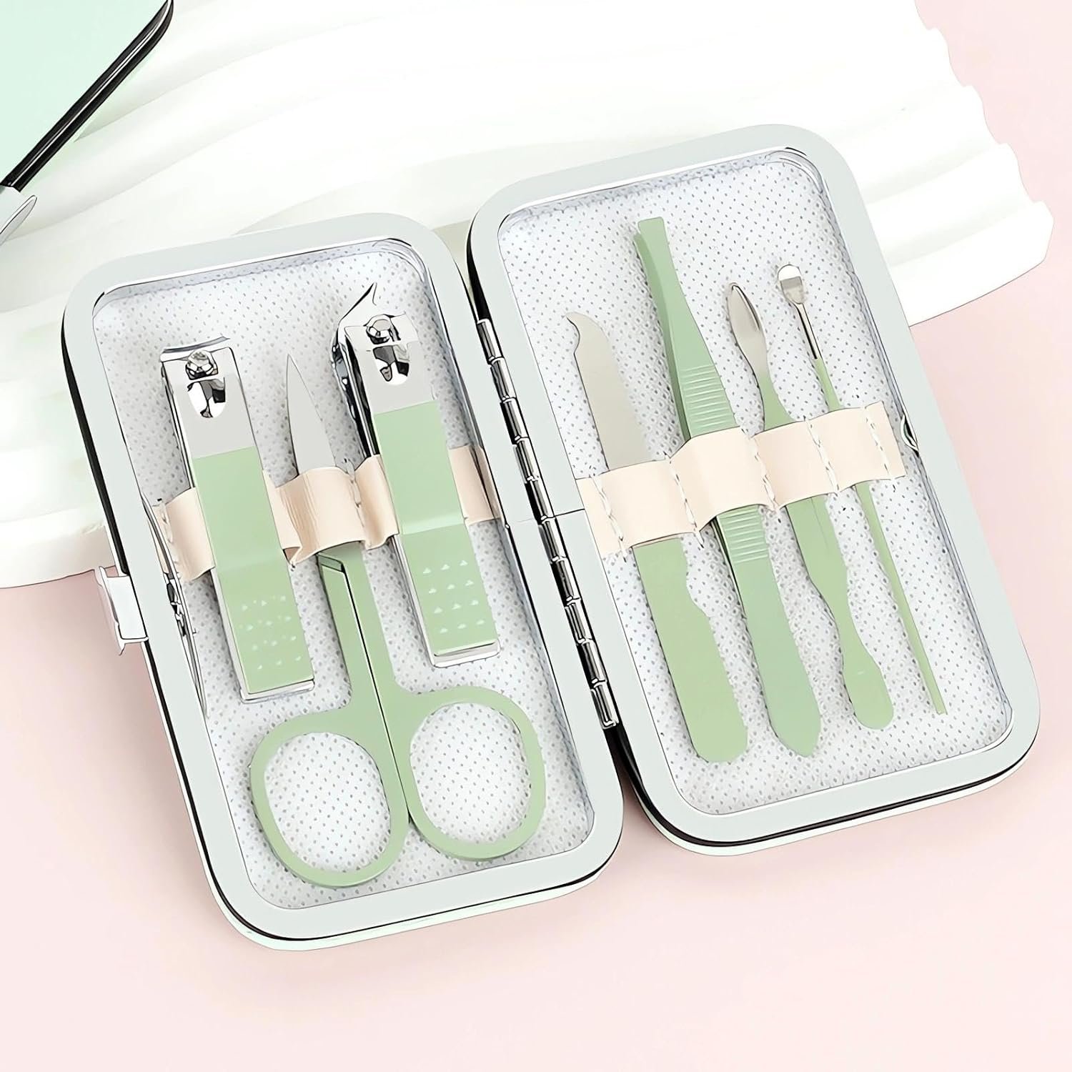Manicure Set Nail Clipper Set, 7 Pcs Matcha Green Professional Manicure Pedicure Set, Nail Care Kit Beauty Tool, Purse Essentials Travel Nail Kit with Leather Case, Gift for Men and Women - Image 2