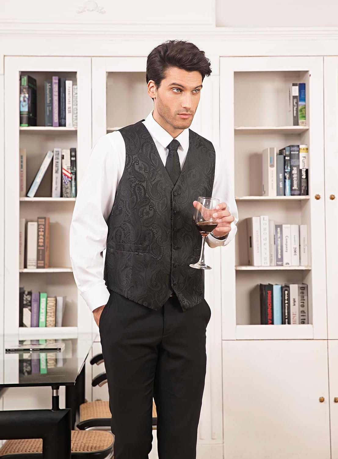 HISDERN Mens Vest Tie Set 3PC Formal Waistcoat Paisley Floral Jacquard Necktie Pocket Square Suit Vests Wedding Party - Image 3