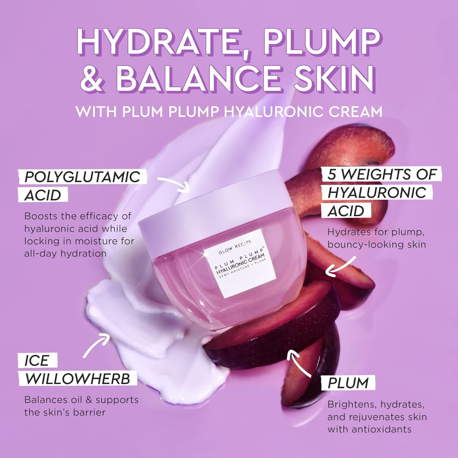 Glow Recipe Plum Plump Hyaluronic Acid Face Cream - Hydrating, Firming & Plumping Facial Moisturizer for Women & Men - Korean Skin Care with Polyglutamic Peptides to Reduce Dry Skin Wrinkles (50ml) - Image 4