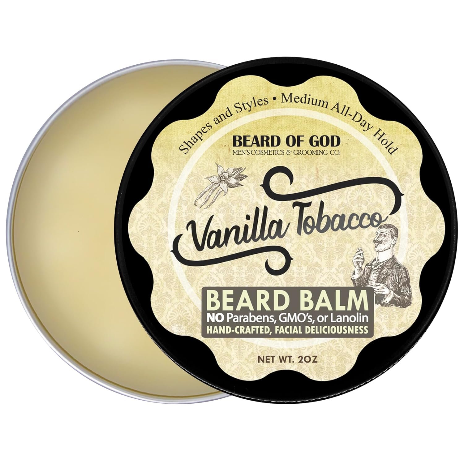 Vanilla Tobacco - 2oz Beard Balm Conditioner - Natural, Organic and Handcrafted in USA by Beard of God - Medium Hold, Low Sheen, Melts Easy in Hands, No Grittiness - Image 2