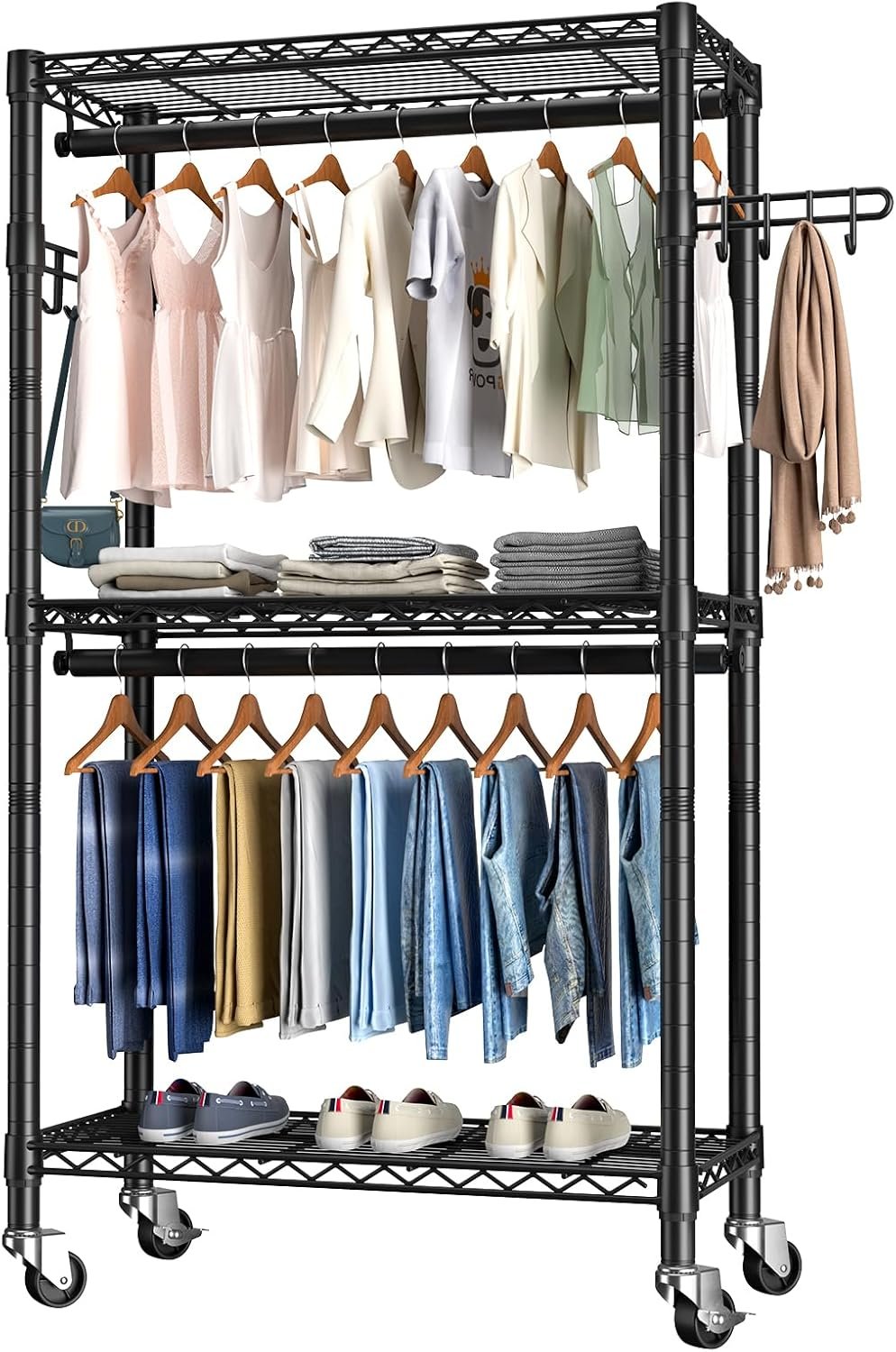 Heavy Duty Clothes Rack Rolling Garment Rack,3 Tier Adjustable Wire Shelving Clothing Racks for Hanging Clothes with Double Rods&Side Hooks,Freestanding Wardrobe Storage Rack Metal Portable Closet - Image 2
