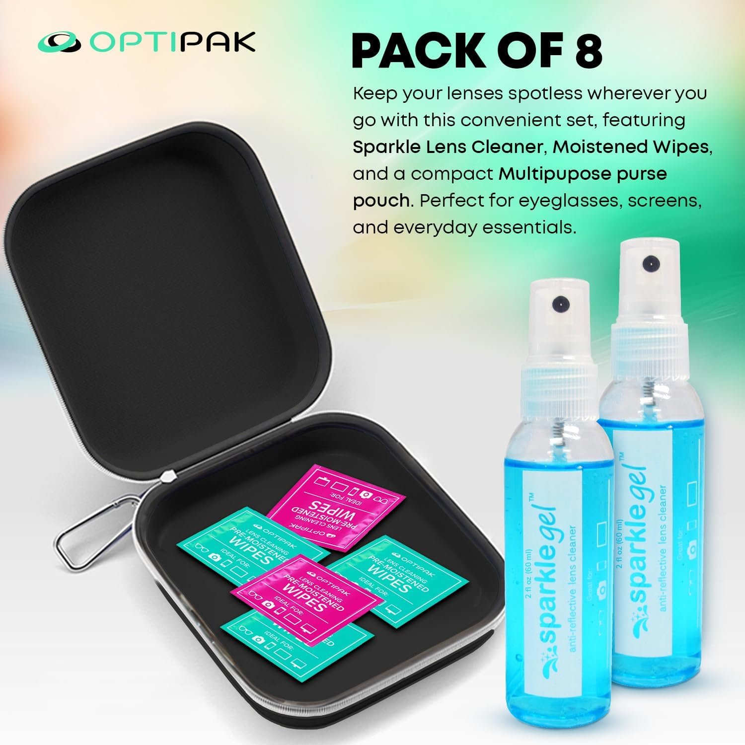Sparkle Gel Anti-Reflective Safe Lens Cleaner Spray Kit - (2) 2oz Glasses Cleaner Spray, (5) Pre-Moistened Lens Wipes, (1) Multipurpose Pouch for Eyeglasses, Lenses & Camera Cleaning Kit (8 Piece Set) - Image 6