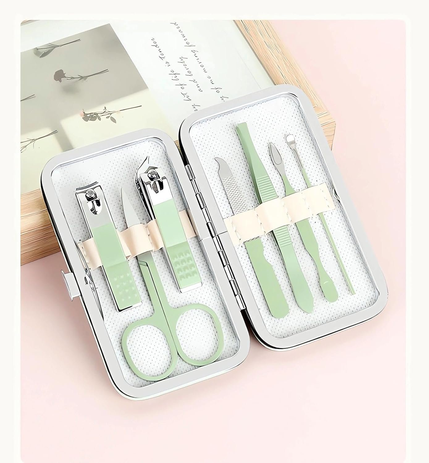 Manicure Set Nail Clipper Set, 7 Pcs Matcha Green Professional Manicure Pedicure Set, Nail Care Kit Beauty Tool, Purse Essentials Travel Nail Kit with Leather Case, Gift for Men and Women - Image 7