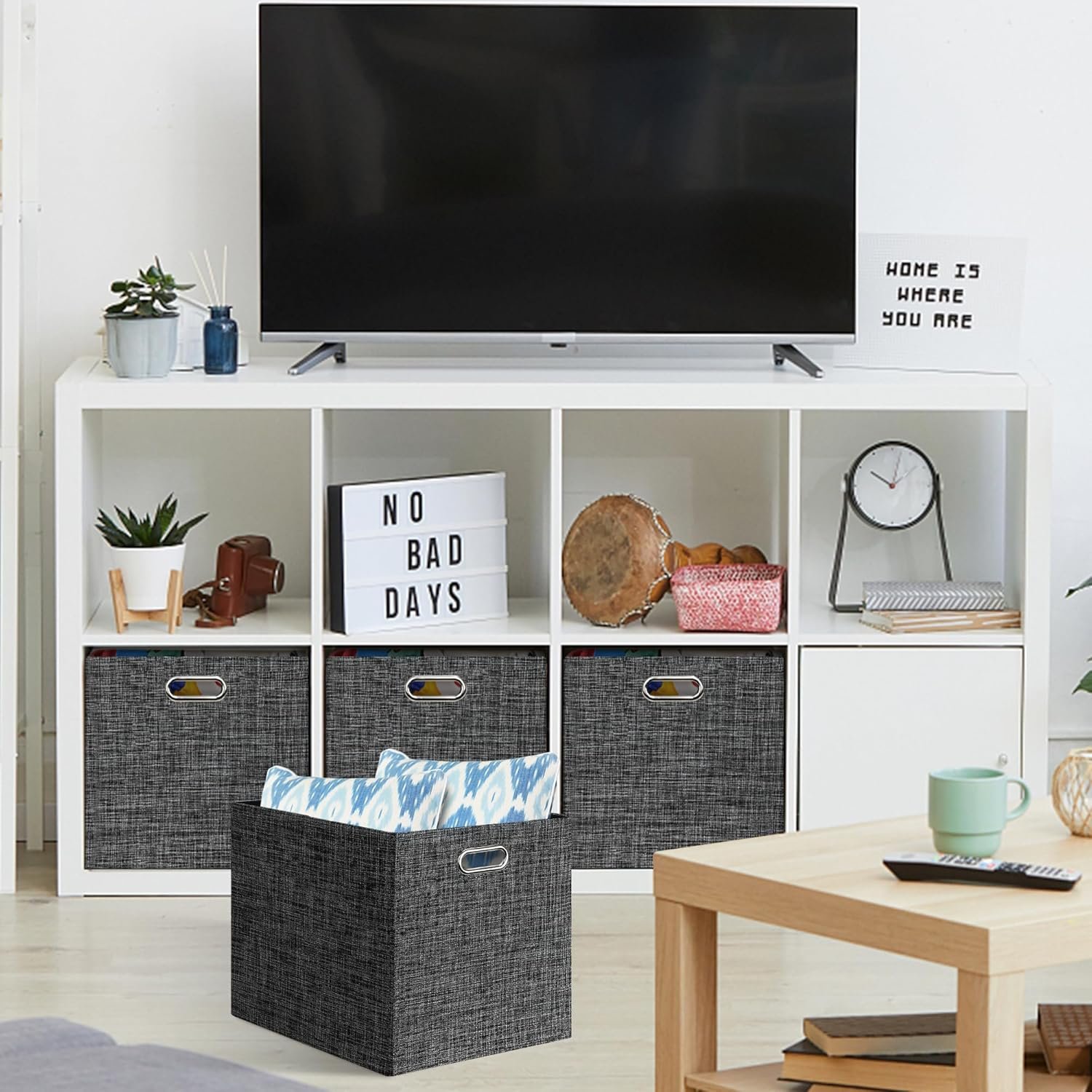 Posprica 13x15x13in Collapsible Storage Bins, Fabric Foldable Cube Storage Boxes, Decorative Storage Baskets Organizer for IKEA Kallax, Shelves, Closet, Clothes, Toy, Set of 4-Black - Image 4