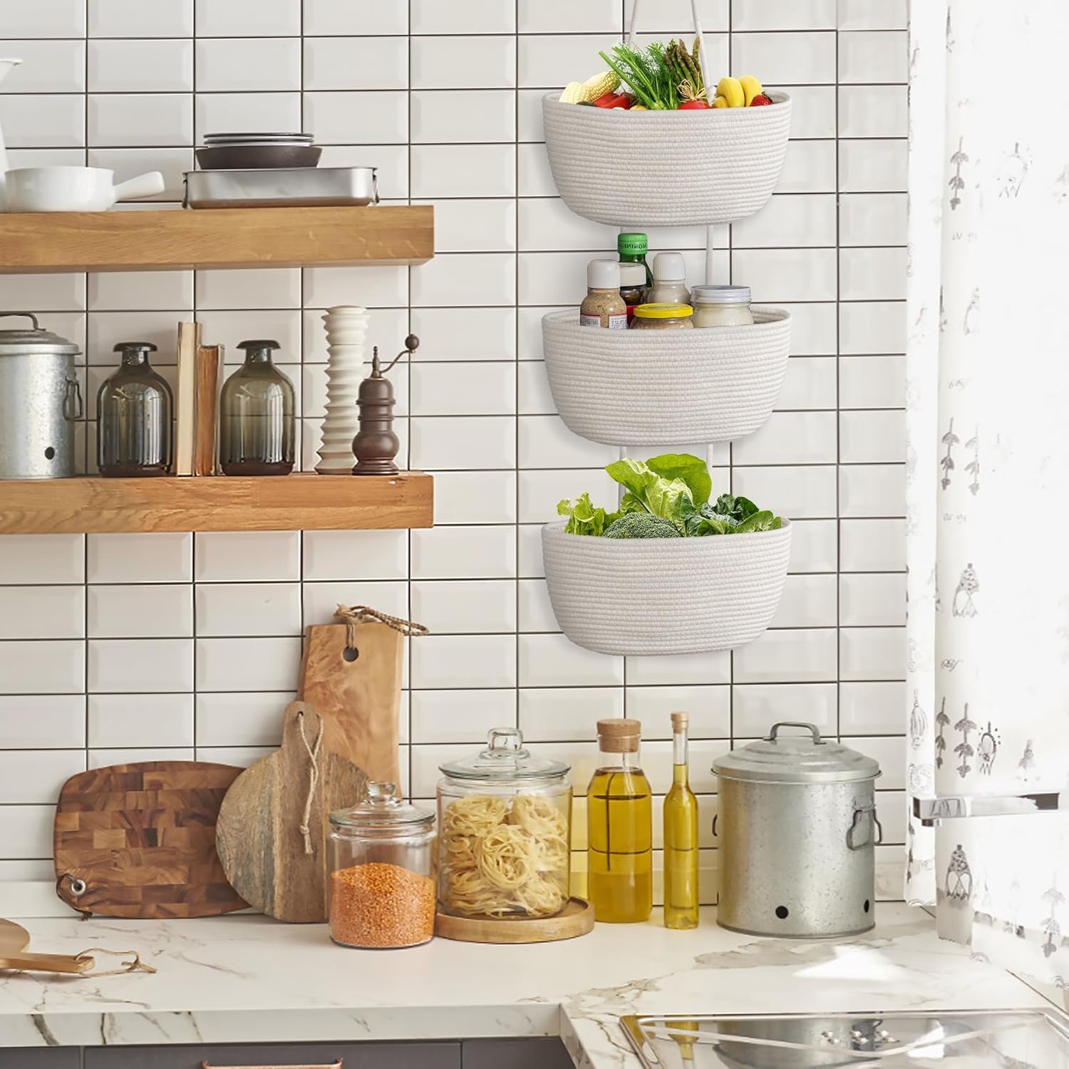 3 Tier Wall Mounted Woven Hanging Basket, Over the Door Hanging Basket with Hooks, Decorative Storage Hanging Closet Removable, Large Wall Basket for Living Room, Bedroom, Kitchen (White) - Image 5