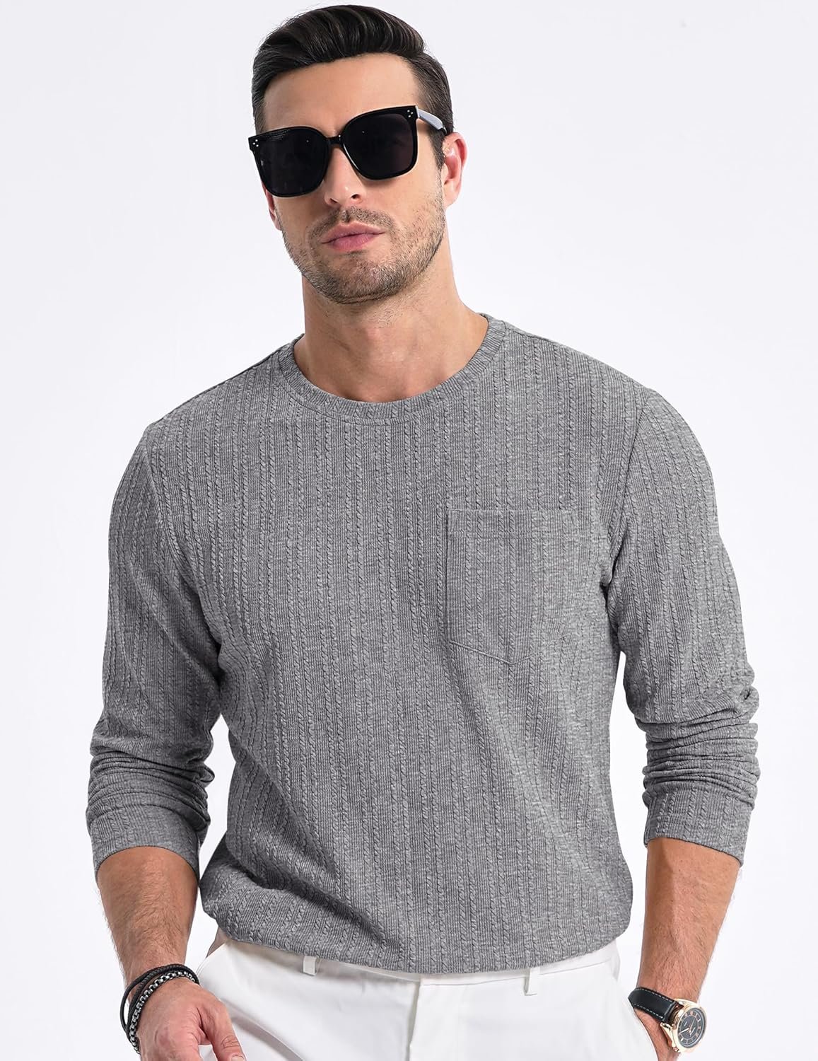 JMIERR Men's Long Sleeve Shirts Casual Crewneck Pullover T-Shirt Stretch Textured Knit Tee with Pocket - Image 8