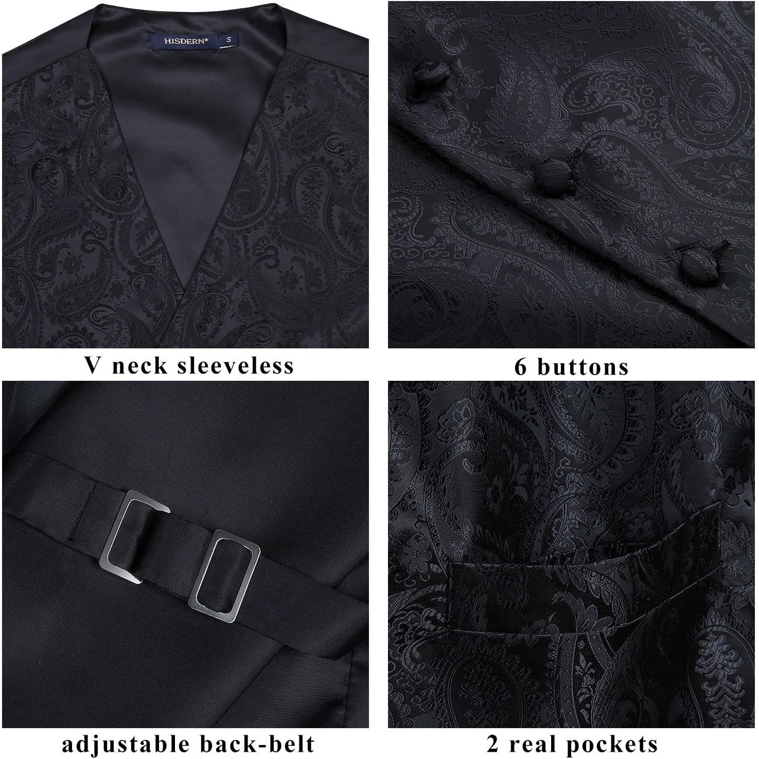 HISDERN Mens Vest Tie Set 3PC Formal Waistcoat Paisley Floral Jacquard Necktie Pocket Square Suit Vests Wedding Party - Image 5
