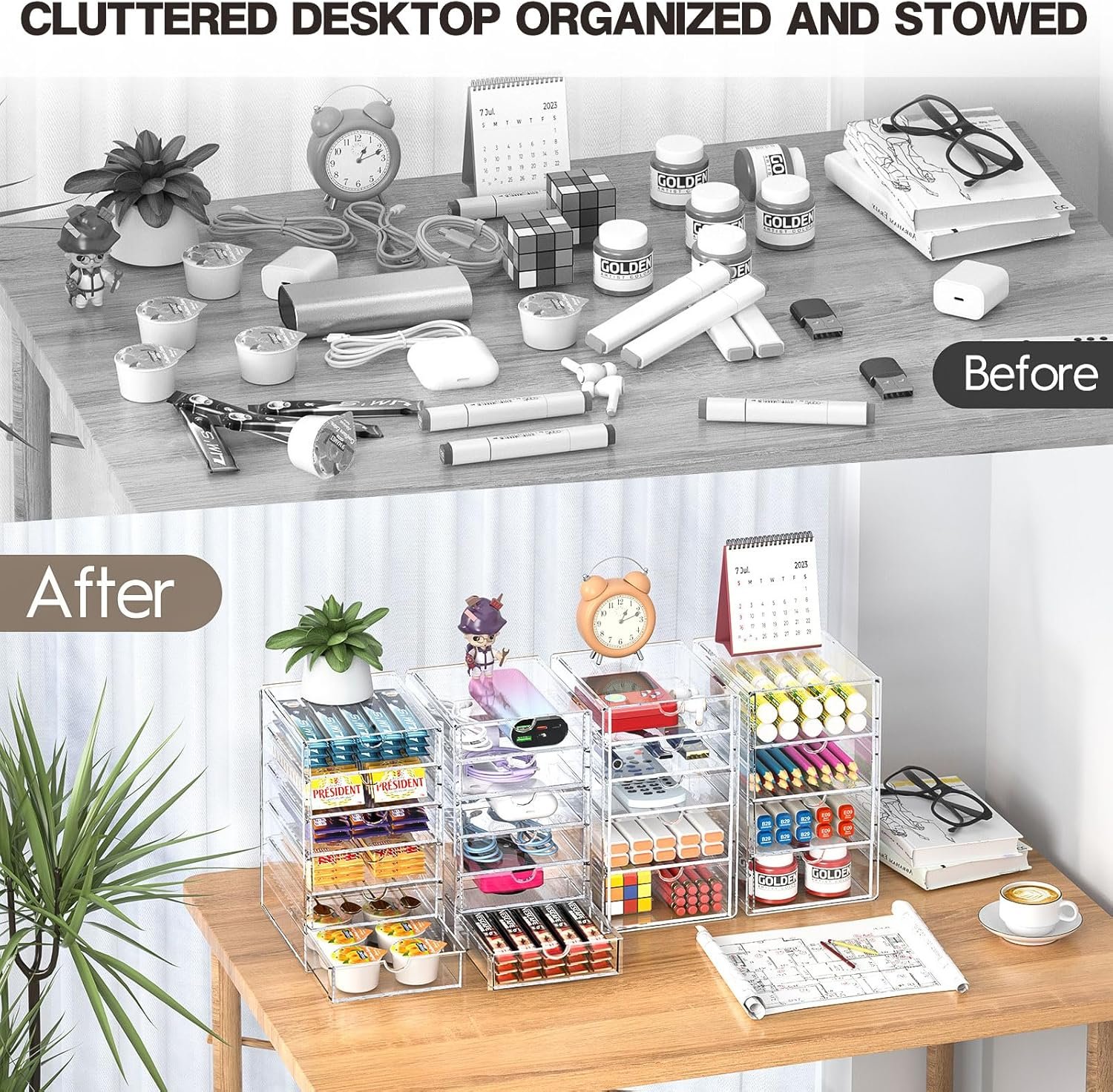 Acrylic Drawer Organizers - 21 Drawers 4 Set - Clear Storage Drawers for Office Supplies - Stackable Makeup Organizer - Dustproof Desk Organizers for Makeup, Jewelry, Pen, Stationary - Image 5