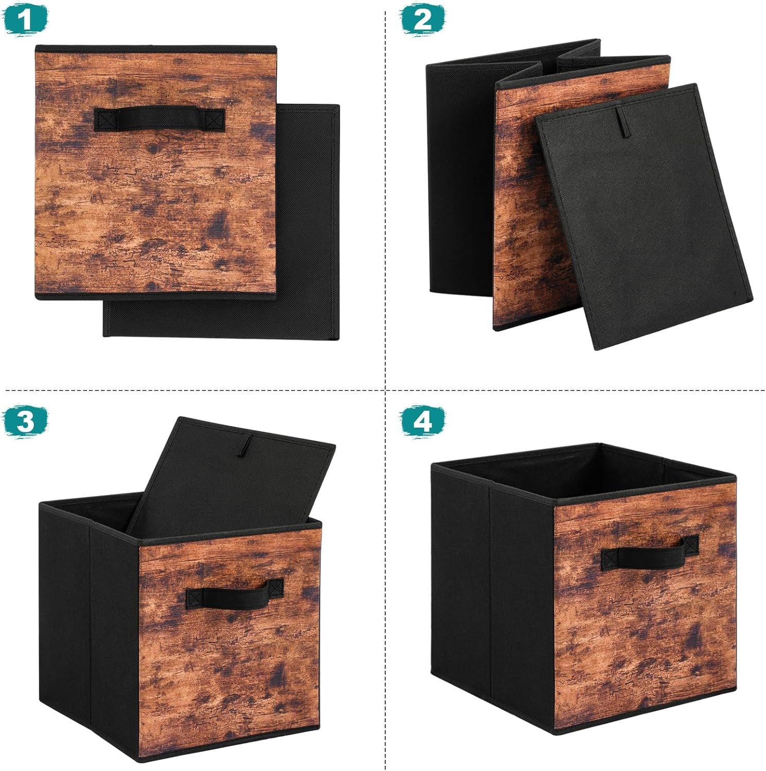 Stero Fabric Storage Cubes, 6 Pack Foldable Storage Bins with Handle, 11 Inch Box for Shelves, Closet, Organizer, Rustic Brown and Black - Image 4