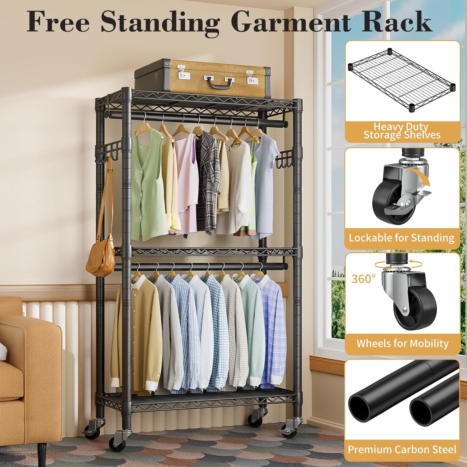 Heavy Duty Clothes Rack Rolling Garment Rack,3 Tier Adjustable Wire Shelving Clothing Racks for Hanging Clothes with Double Rods&Side Hooks,Freestanding Wardrobe Storage Rack Metal Portable Closet - Image 6