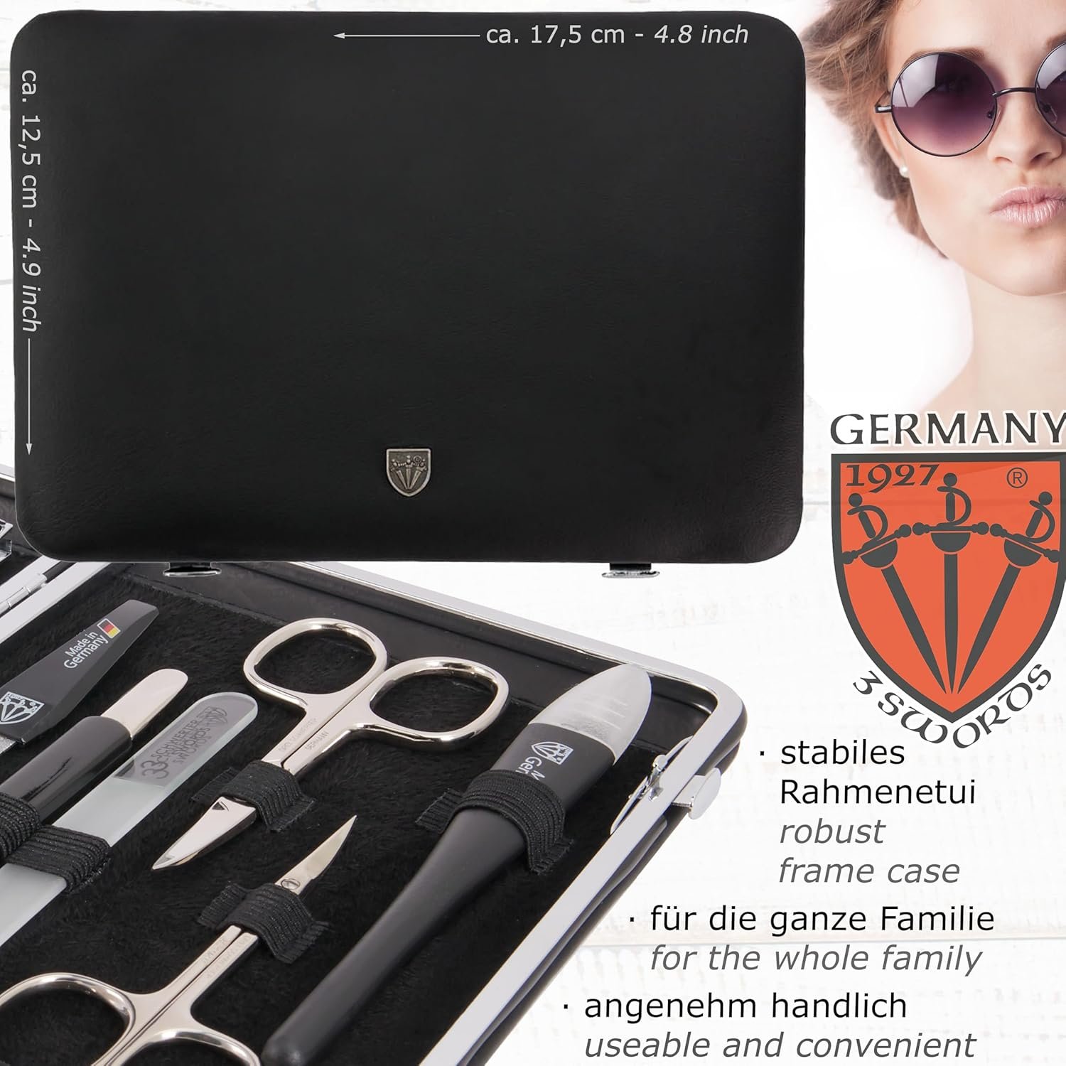 3 Swords Germany - brand quality 11 piece manicure pedicure grooming kit set for professional finger & toe nail care scissors clipper black genuine leather case in gift box, Made in Germany - Image 5