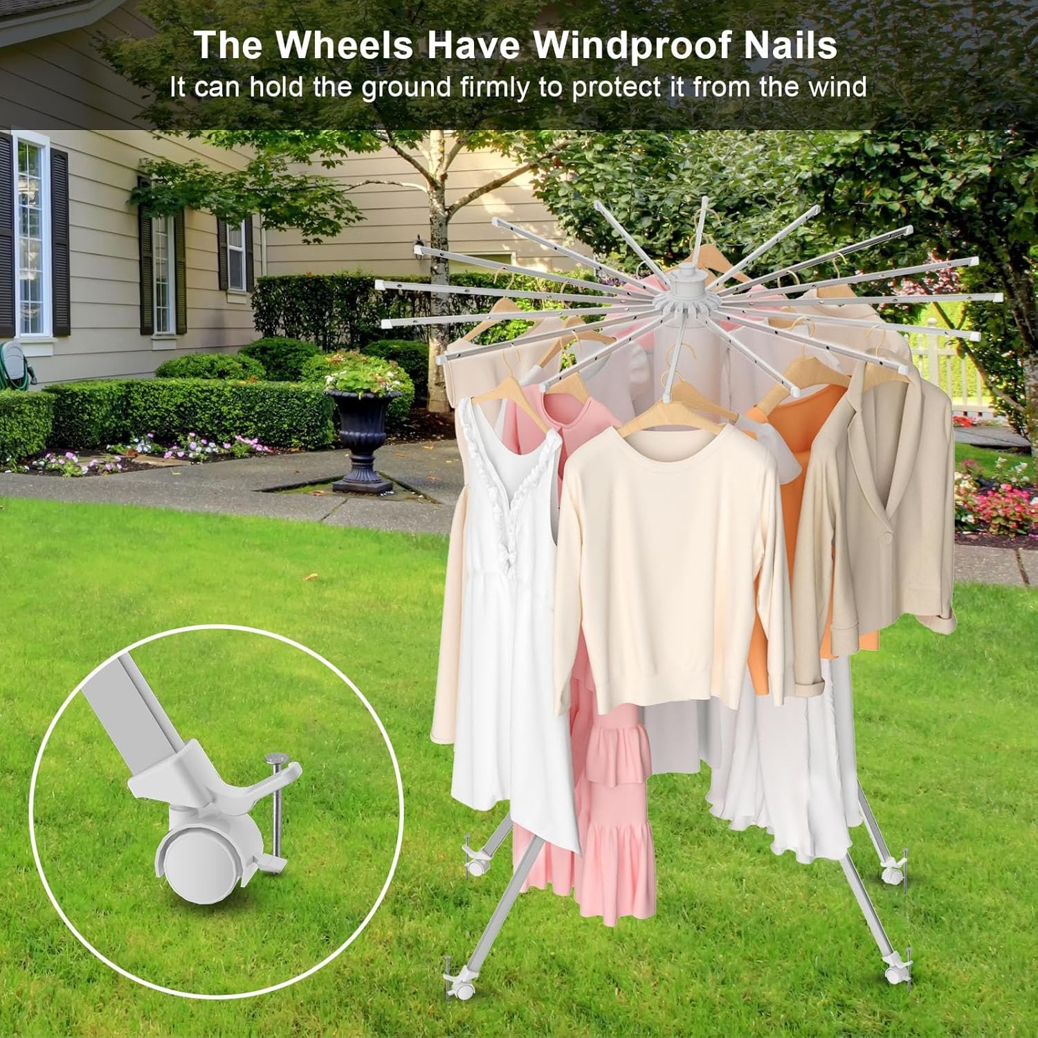 4-Legged Clothes Drying Rack Foldable, Outdoor Collapsible Drying Rack Clothing, Portable Laundry Drying Rack with 4 Pulleys, Aluminum Alloy Dry Rack for Clothes, Indoor, Balcony, Poolside, Camping - Image 4