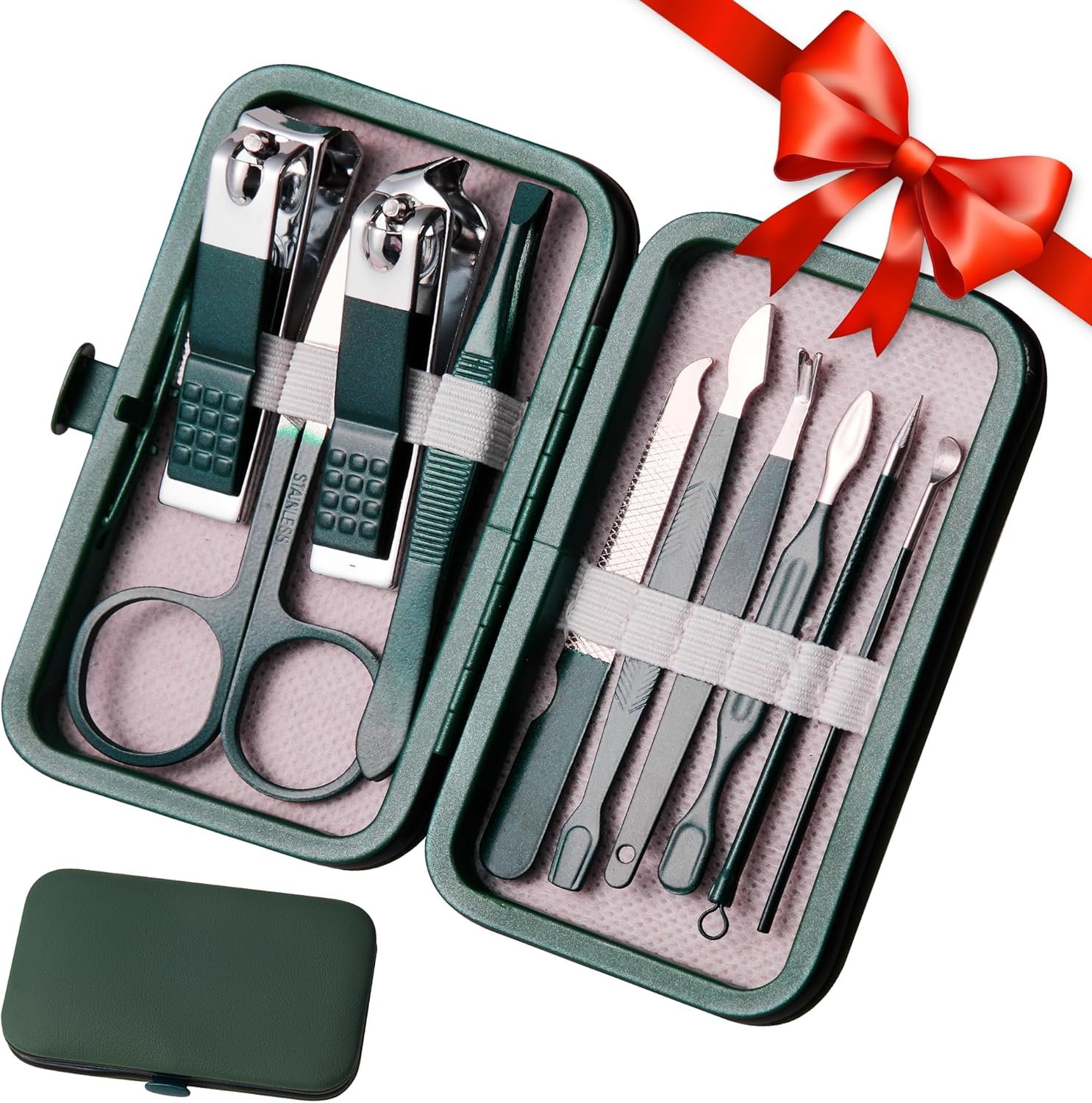 Manicure Set 10 in 1 Stainless Steel Nail Clippers Kit Gifts for Men and Women, Mens Travel Grooming Kits with Leather Travel Case Dark Green - Image 2