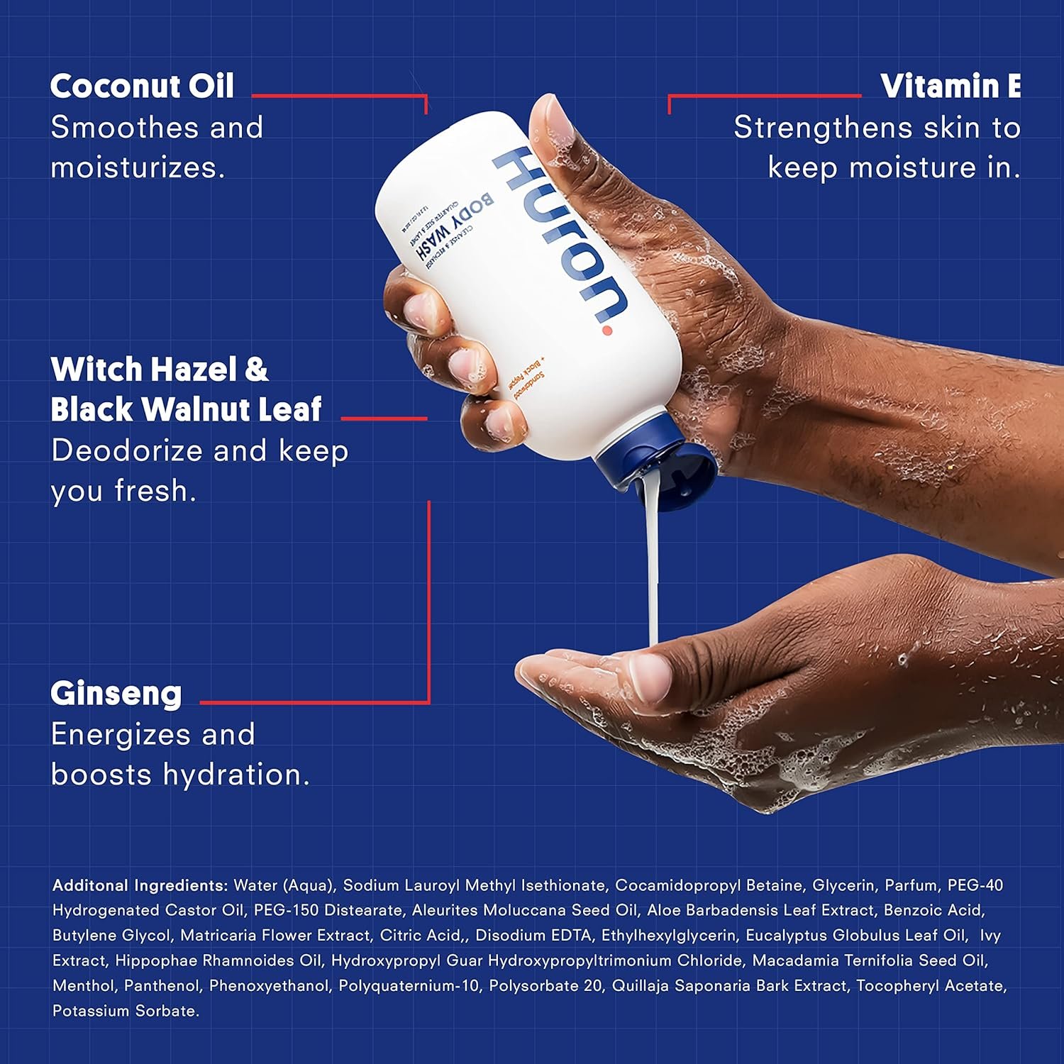 Huron Men’s Moisturizing Body Wash - Clean & Woody Scent of Sandalwood, Black Pepper, Cedarwood, & Amber - Made With Coconut Oil, Vitamin E & Witch Hazel - Vegan, Cruelty-Free - 12.2 fl oz - Image 4