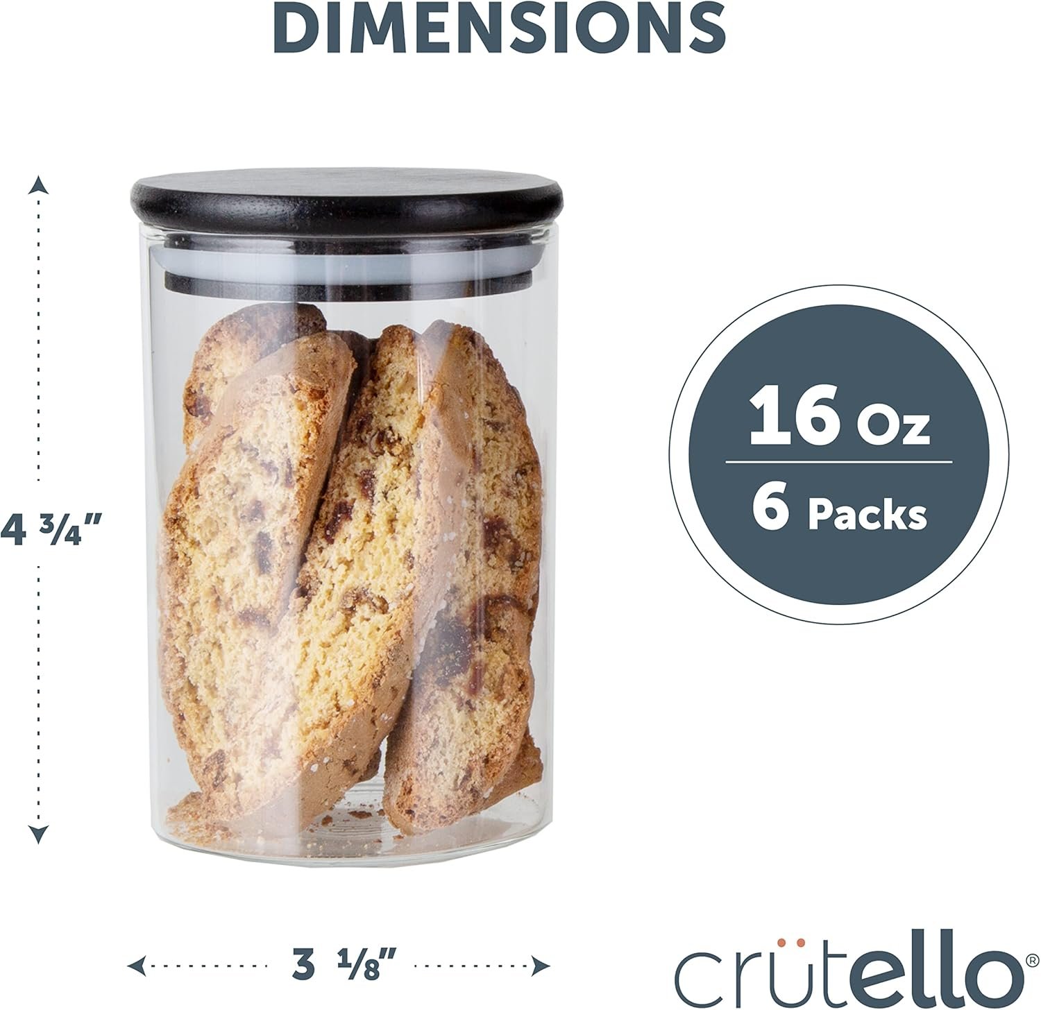Crutello Glass Food Storage Containers with Black Bamboo Lids, 6 Pack - 16 Fluid oz Airtight Clear Kitchen Organization Canisters with Black Lids - Image 3