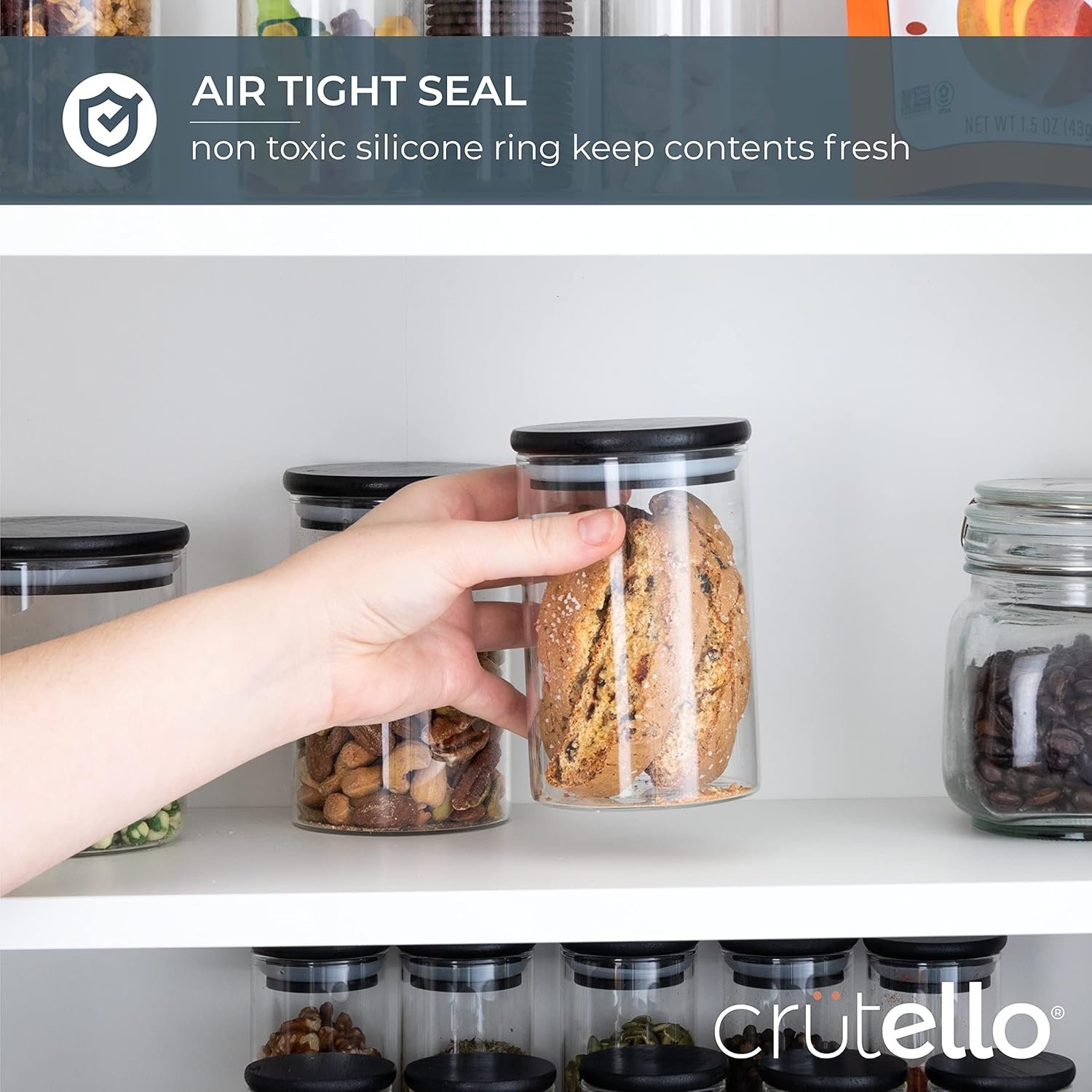 Crutello Glass Food Storage Containers with Black Bamboo Lids, 6 Pack - 16 Fluid oz Airtight Clear Kitchen Organization Canisters with Black Lids - Image 5