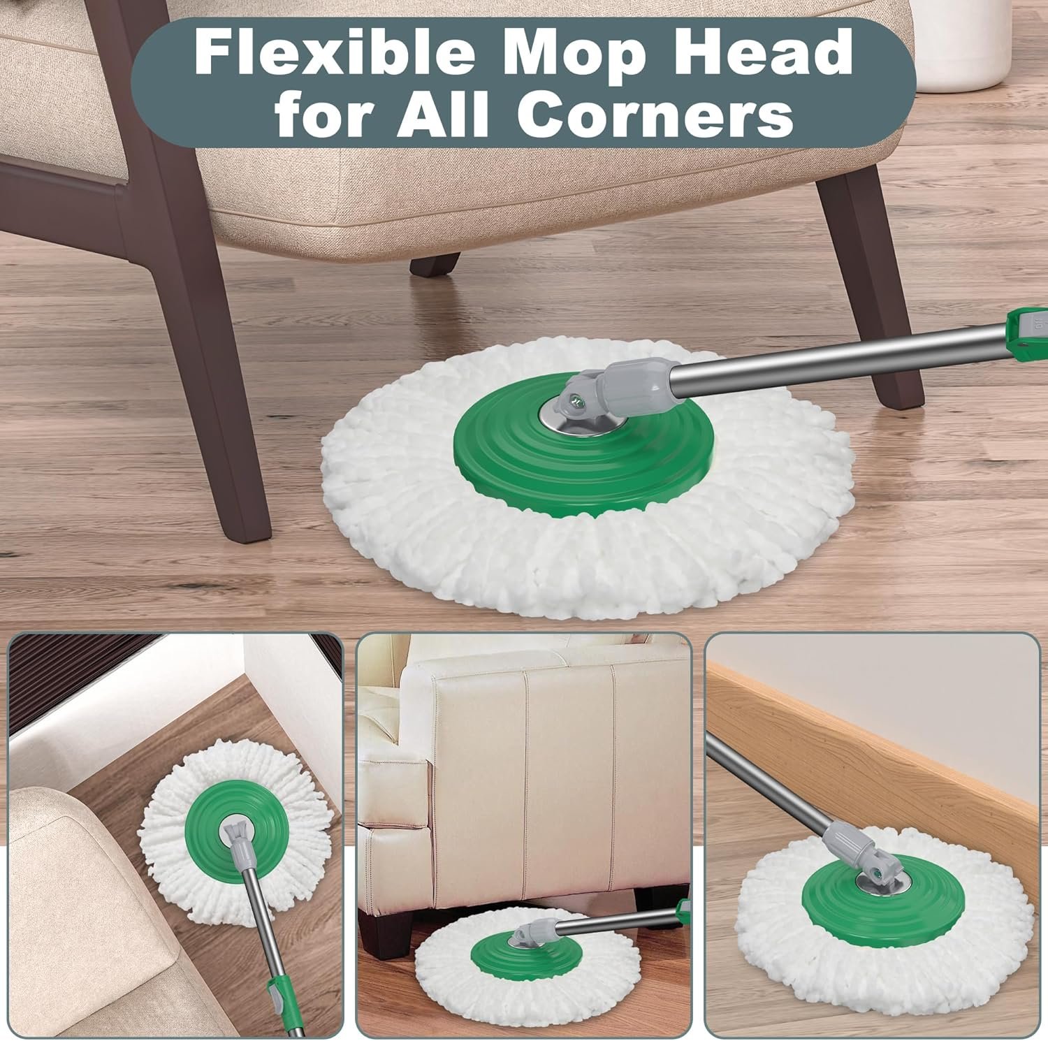 Dual Compartment Spin Mop and Bucket, Mop and Bucket with Wringer Set,360°Rotating Spinning Mopping for Floor Cleaning with 3 Microfiber Replacement Heads, 61" Extended Handle, 2X Wheel - Deep Green - Image 5