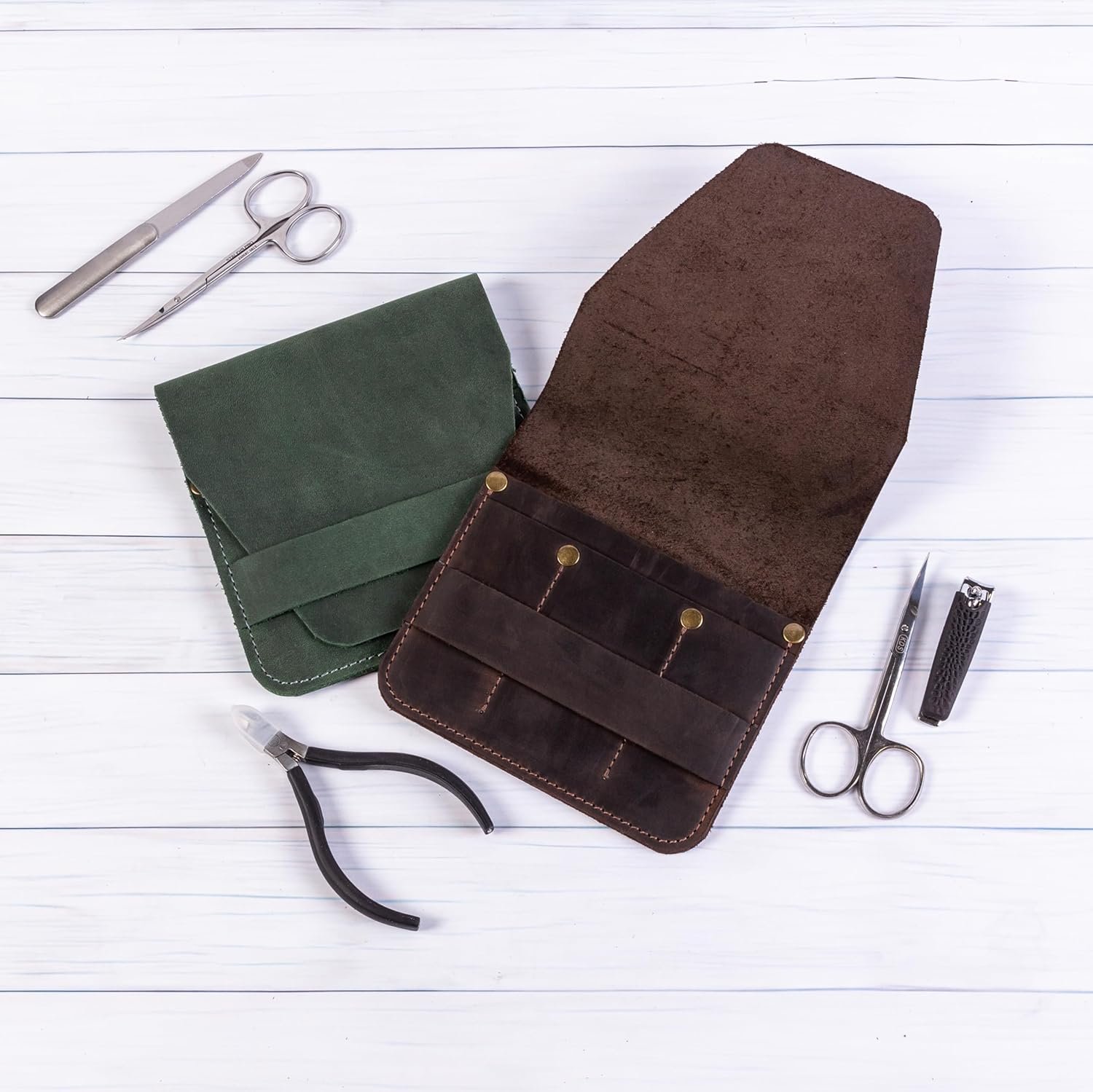 Leather Manicure Set Case Grooming Kit Organizer (Light Brown) - Image 8