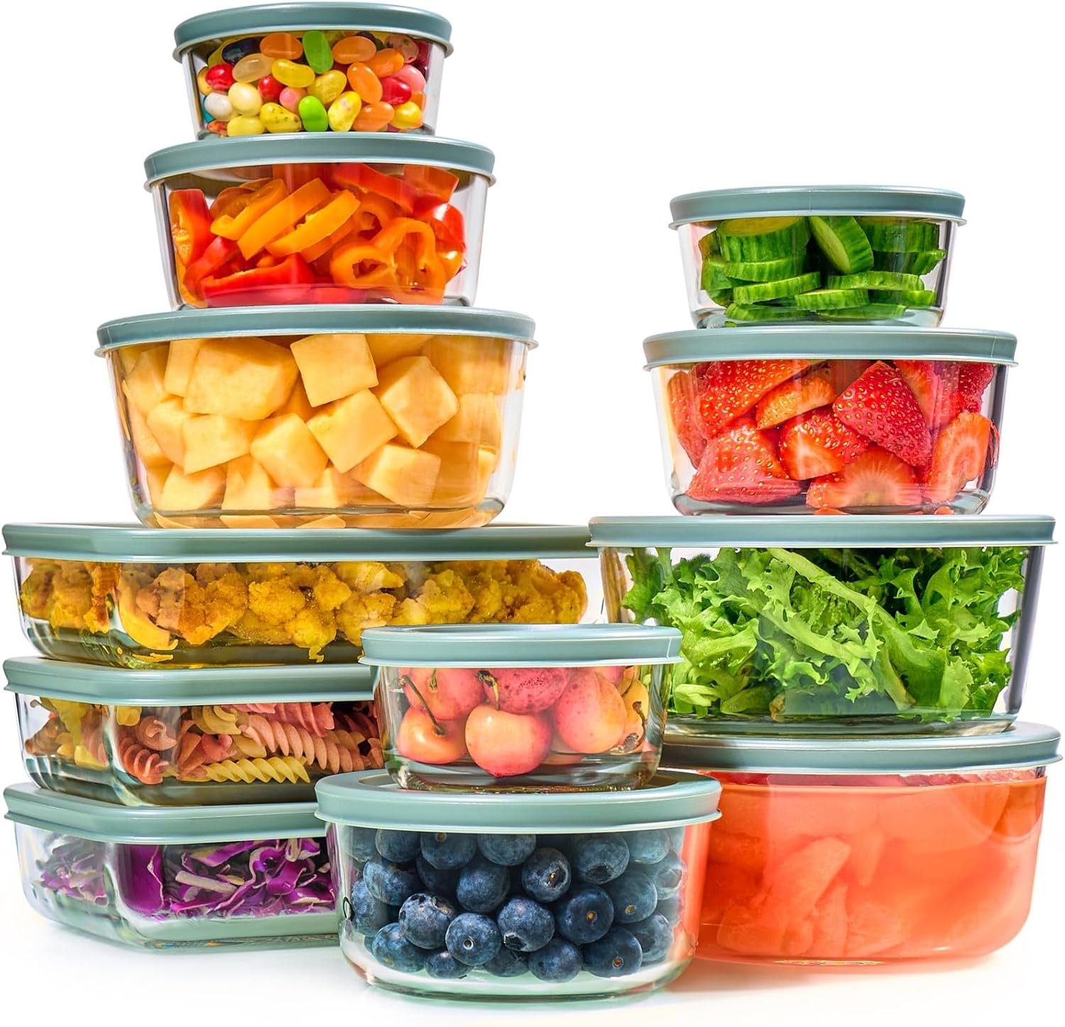 24pc Set Glass Food Storage Containers & Bowls with Airtight Lids - Leakproof BPA-Free Meal Prep Airtight Stackable Lunch Boxes, Kitchen Pantry & Storage Organizers - Microwave Freezer Dishwasher Safe - Image 2