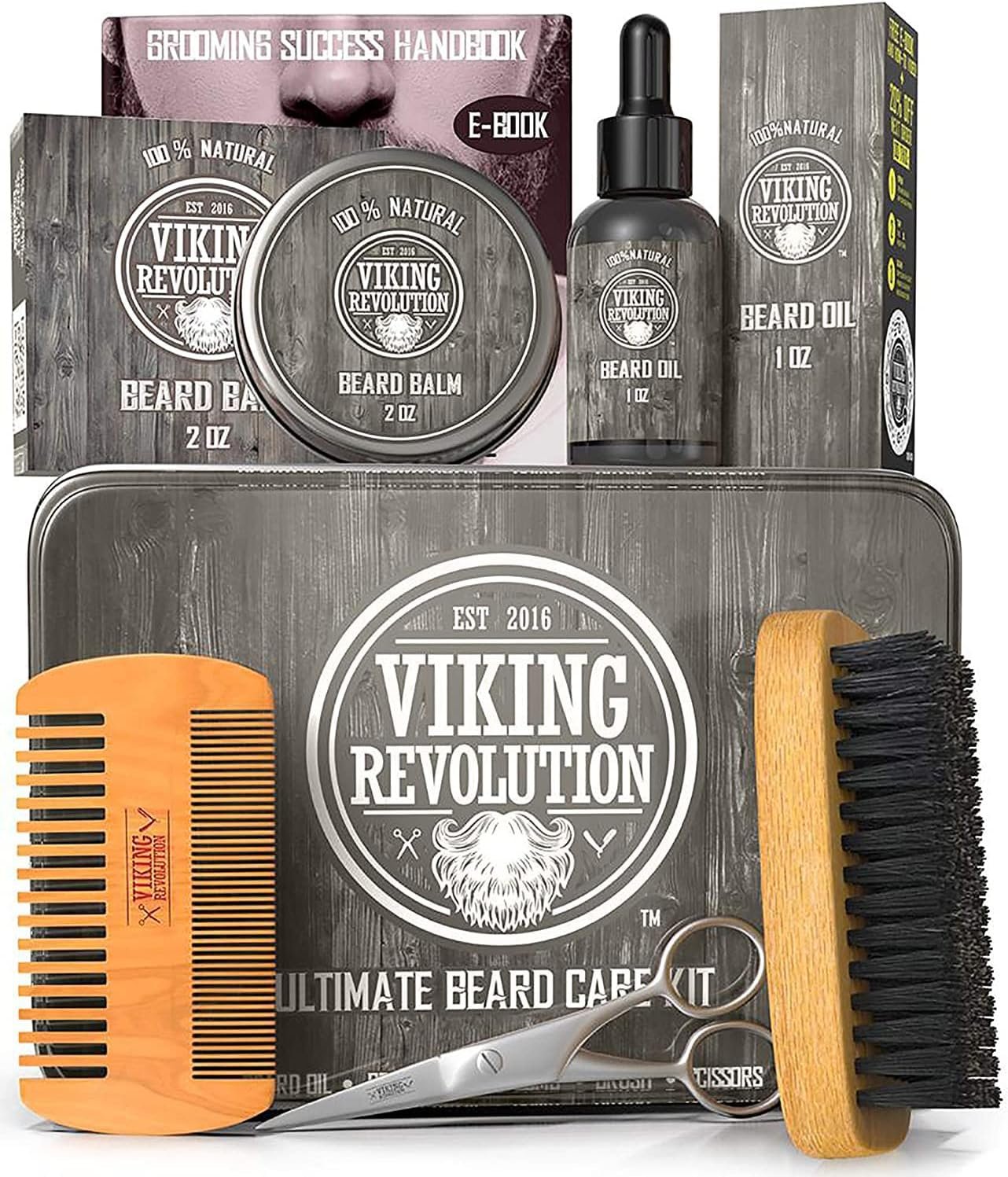 Viking Revolution Beard Care Kit for Men - Kit includes 100% Boar Beard Brush, Wooden Comb, Beard Balm, Beard Oil, Beard & Mustache Scissors in a Metal Box - Image 2