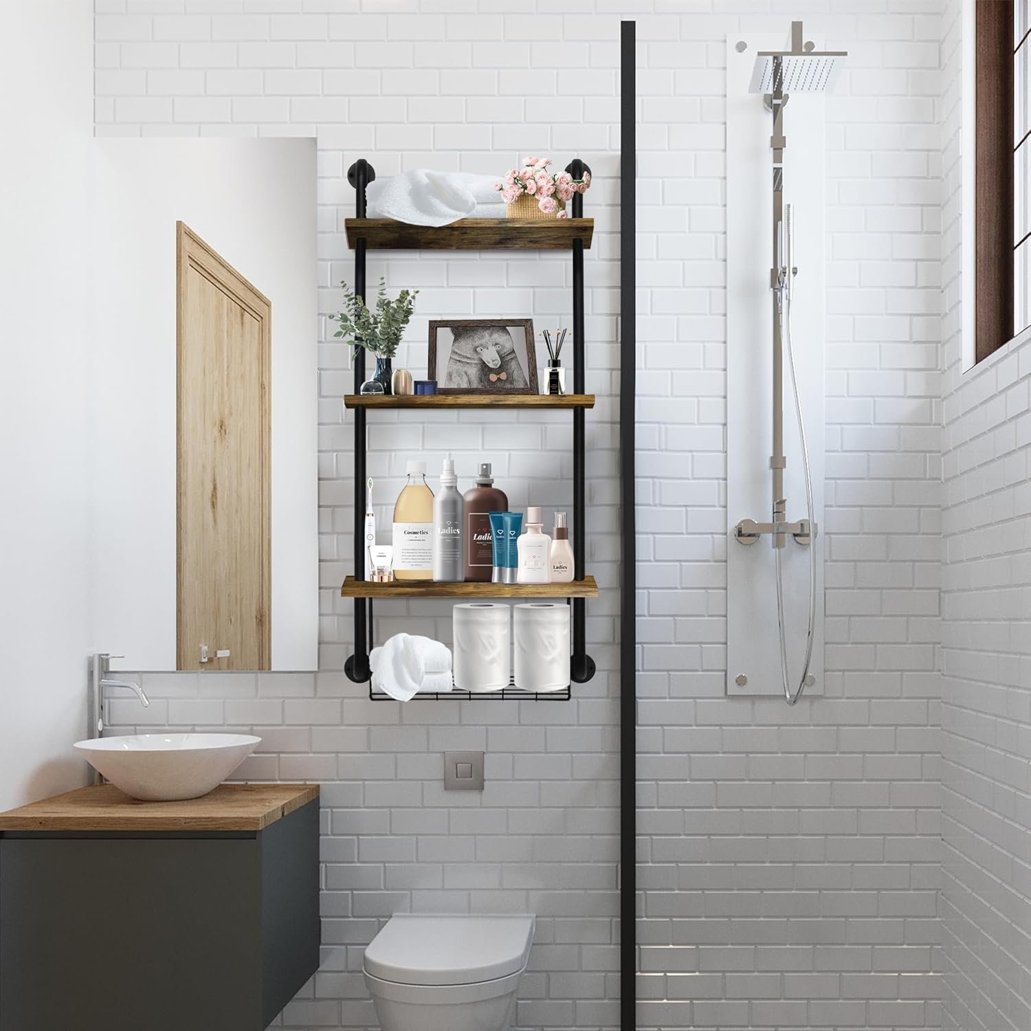 3-Tier Wall Mounted Floating Shelves with Basket, Easy Assemble Industrial Pipe Shelving, Anti-Rust for Bathroom, Kitchen, Bedroom - 44.5 * 16.9 inch - Image 8