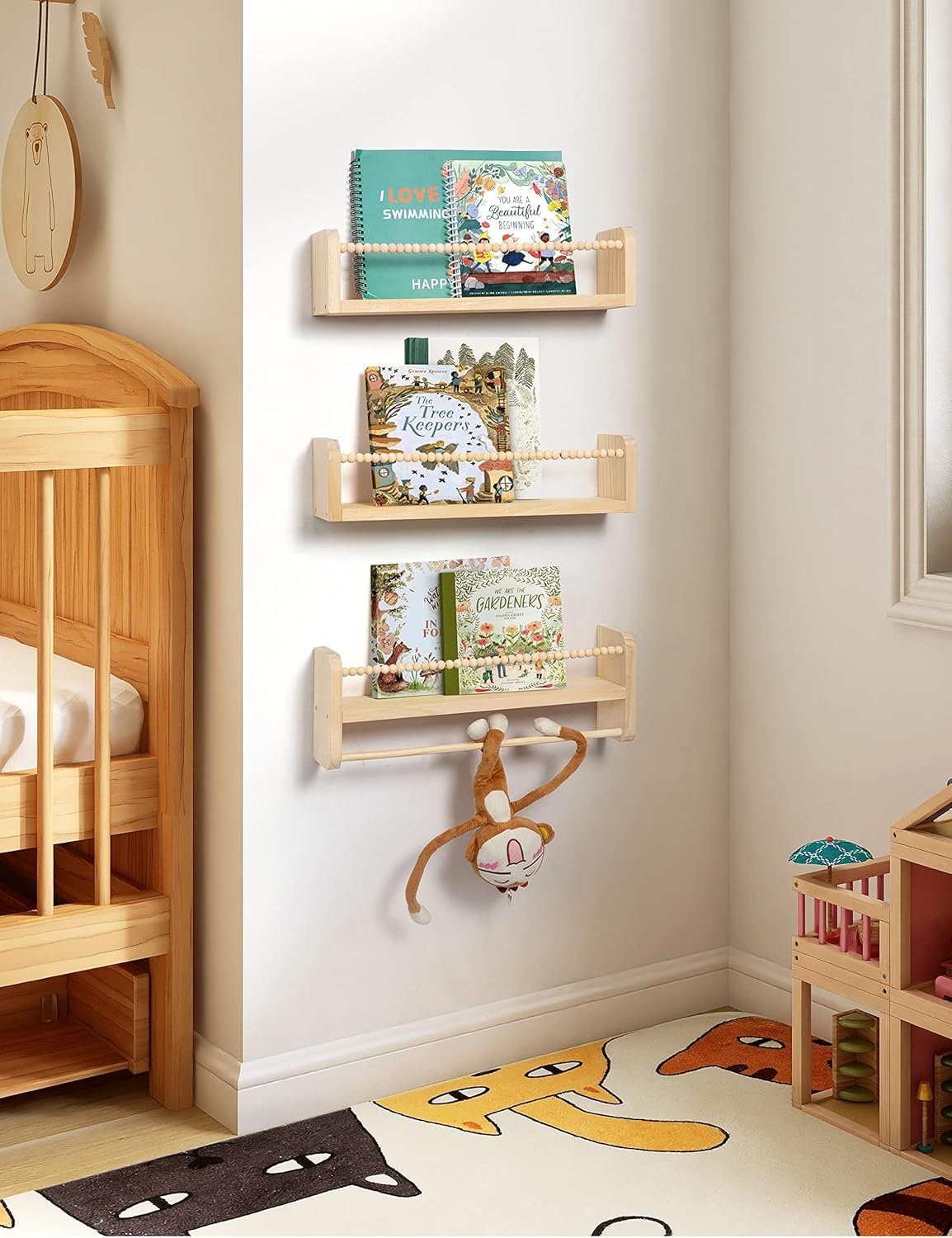 Nursery Floating Shelves for Wall, Set of 3 Book Shelves Natural Wood Wall Mounted Organizer with Towel Bar Hanging Bookshelves Nursery Decor for Kids Room, Bedroom and Kitchen - Image 3