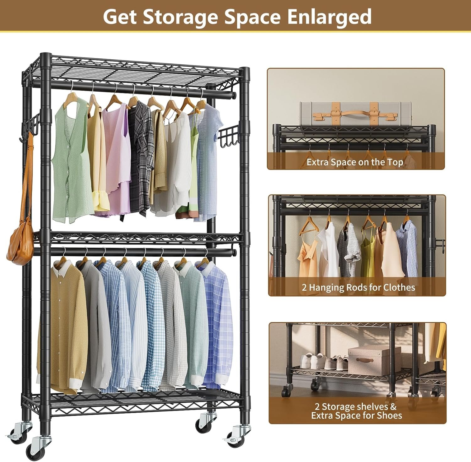 Heavy Duty Clothes Rack Rolling Garment Rack,3 Tier Adjustable Wire Shelving Clothing Racks for Hanging Clothes with Double Rods&Side Hooks,Freestanding Wardrobe Storage Rack Metal Portable Closet - Image 7