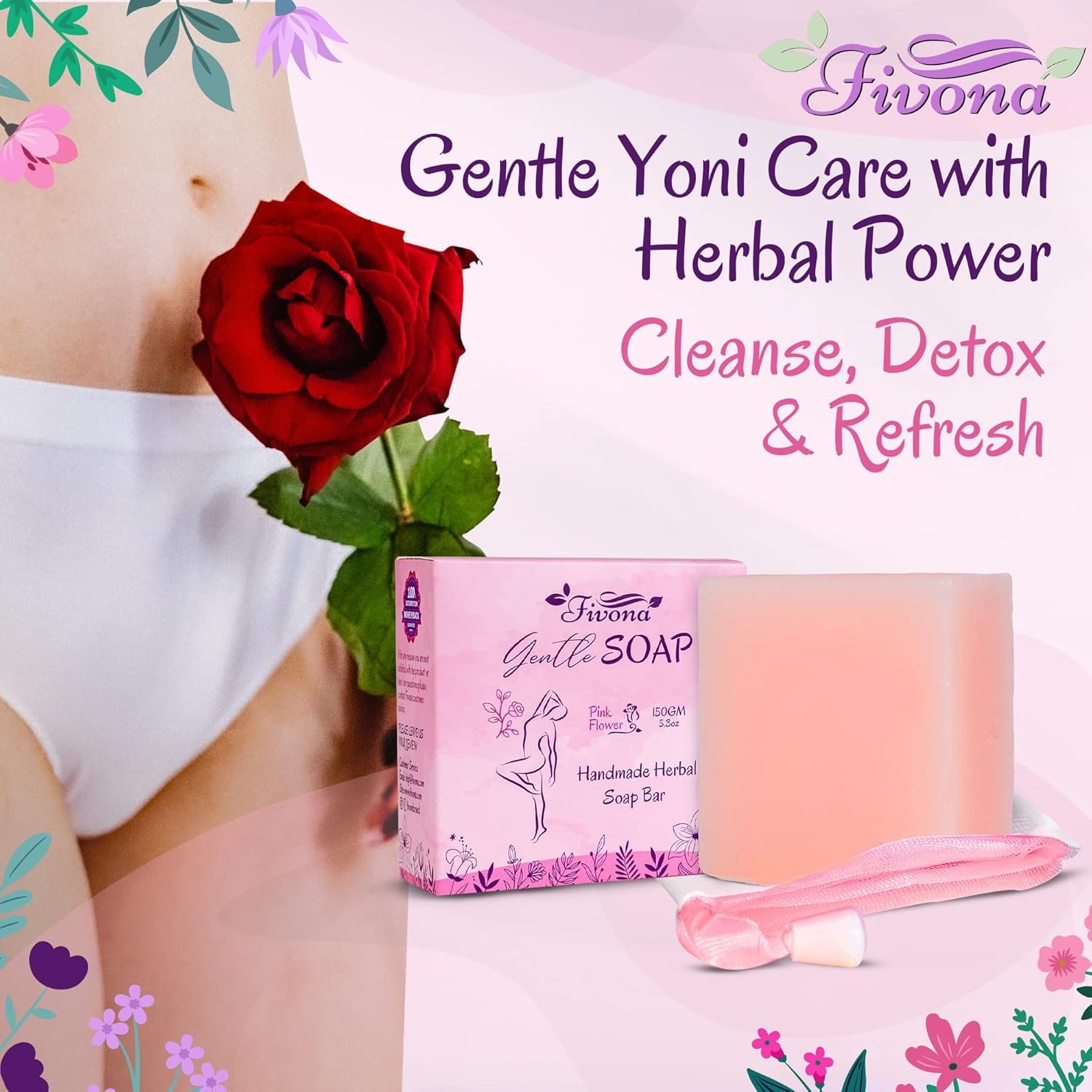 FIVONA Yoni Soap Herbal Bar 5.3oz for Gentle Feminine Intimate Wash and Whole Body All-Natural Handmade Includes Exfoliating Scrubber Foaming Net - Natural Detox and Vagi Cleansing - Image 3