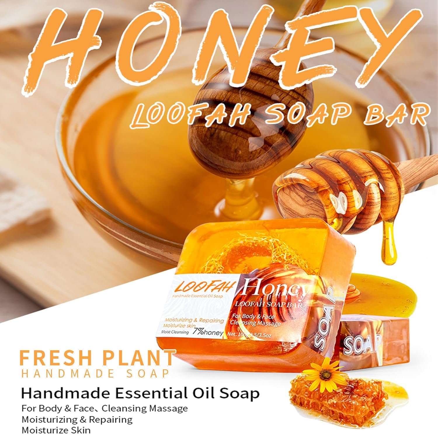 Honey Organic Handmade Soap, Natural Loofah Soap Bar, Hydrating, Moisturizing Handmade Soap for Face and Body, Gentle Cleansing, Oil-control Bath Bar Soap Deep Nourishes Your Skin, Honey - Image 4