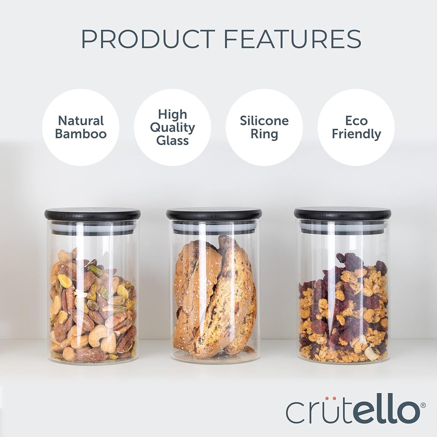 Crutello Glass Food Storage Containers with Black Bamboo Lids, 6 Pack - 16 Fluid oz Airtight Clear Kitchen Organization Canisters with Black Lids - Image 6