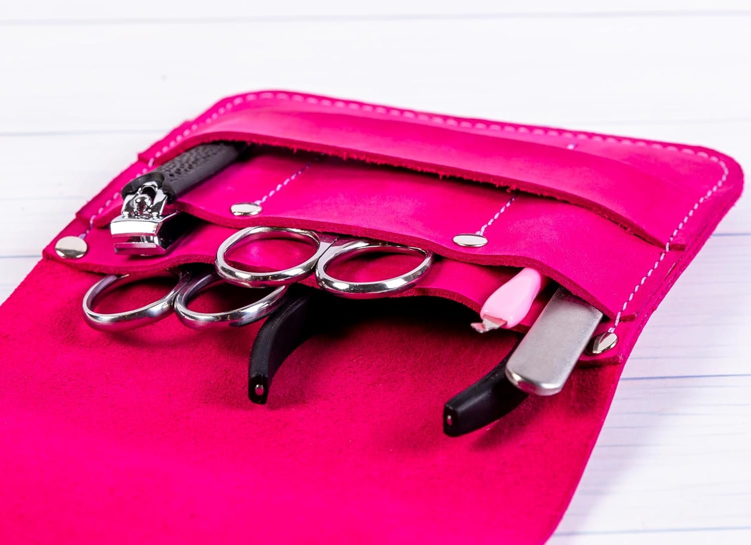 Leather Manicure Set Case Grooming Kit Organizer (Light Brown) - Image 5