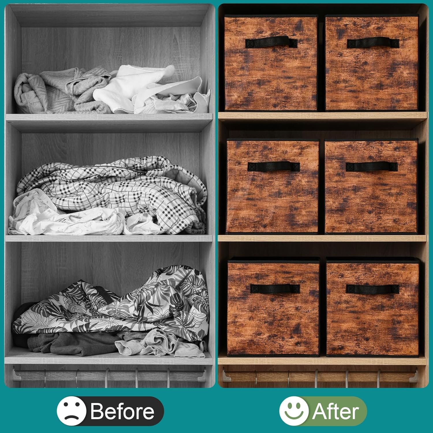 Stero Fabric Storage Cubes, 6 Pack Foldable Storage Bins with Handle, 11 Inch Box for Shelves, Closet, Organizer, Rustic Brown and Black - Image 9