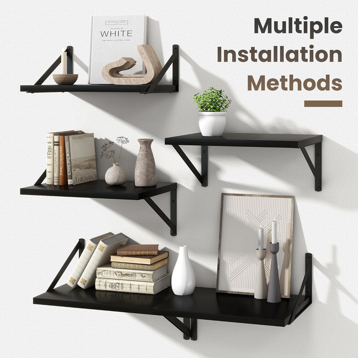 Marsmiles Black Floating Shelves for Wall, 12 Inch Deep Wood Wall Mounted Shelves Set of 2, 16W x 12D Wide Floating Wood Shelves for Bathroom Bedroom Kitchen Living Room, Black - Image 7