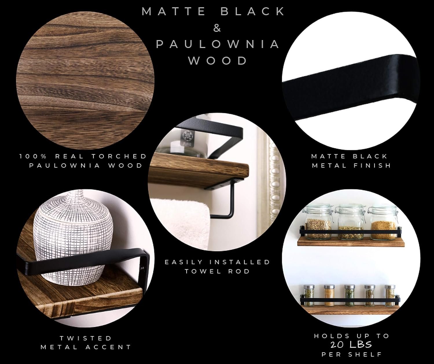 Peter's Goods Rustic Floating Wall Shelves with Rails - Decorative Storage for Kitchen, Bathroom, and Bedroom - Elegant, Modern Shelving - Torched Paulownia Wood, Matte Black Metal Frame - Set of 2 - Image 6